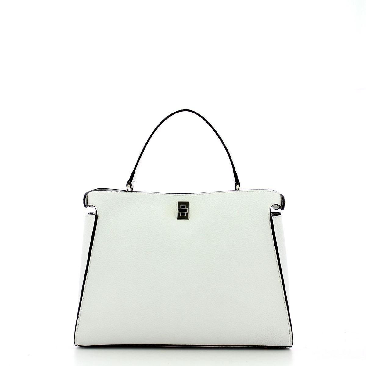 Large Uptown Chic Turnlock Satchel Guess, modern top handle woman handbag in faux leather, with front logo, removable crossbody, and two compartment.