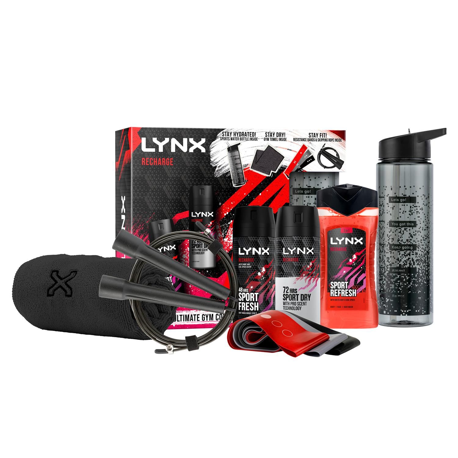 So, you need to get him a gift. Something he'll actually use. Something like... a LYNX Gift Set. A gift so popular it's a living legend. LYNX Recharge Bodyspray helps him feel sport-fresh all day, every day. Our new, revolutionary dual-action technology fights odour-causing bacteria to help him bust odour and smell incredible for 48 hours. LYNX Recharge Bodywash kicks odour to the kerb with the power of plant-based prebiotics, leaving him to decide how to play his 12 hours of freshness. Plus, it contains 5x more moisturisers and 92% natural origin ingredients for naturally soft skin. Developed using our unique pro-scent technology, LYNX Recharge Antiperspirant guarantees up to 72 hours of dryness, protecting against wetness and odour before they even start. These gifts for men are complemented by three resistance loop bands - perfect to get him squatting, stretching, and lunging his way to fitness; a LYNX skipping rope - a great option for a full-body workout; and a LYNX water bottle and gym towel to help him stay hydrated and fresh.

Features:
LYNX Recharge Bodyspray 150 ml features an energising combination of arctic mint & cooling spices that offers 48 hours of high-definition fragrance and protects against body odour
LYNX Recharge Bodywash 225 ml works as a 3 in 1 body, face and hair wash that leaves him feeling and smelling recharged
LYNX Recharge Antiperspirant Deodorant 150 ml gives him 72-hour protection against sweat and body odour

Safety Warning:
Body Spray: Stop use if rash or irritation occurs. Avoid direct inhalation. Do not spray near your eyes.
Body Wash: Use only as directed. Avoid contact with eyes. If eye contact occurs wash out immediately with warm water. If irritation occurs discontinue use.

Gift set Includes: 
1x Lynx Recharge Body wash 225ml, 
1x Lynx Recharge Antiperspirant Deodorant 150ml, 
1x Lynx Recharge Body Spray 150ml, Lynx Gym Towel, 
1x Lynx Jump Rope, Lynx Resistance Belt, Lynx Water Bottle