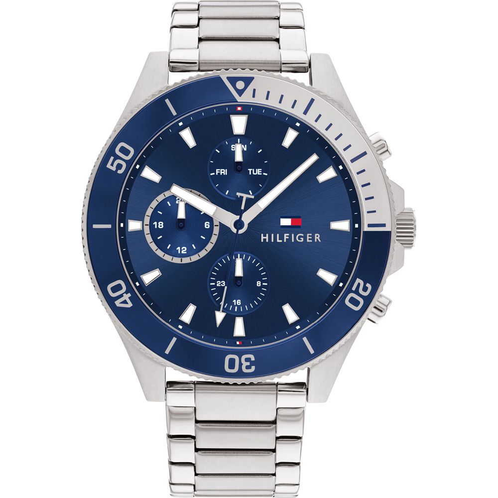 This Tommy Hilfiger Larson Multi Dial Watch for Men is the perfect timepiece to wear or to gift. It's Silver 46 mm Round case combined with the comfortable Silver Stainless steel will ensure you enjoy this stunning timepiece without any compromise. Operated by a high quality Quartz movement and water resistant to 5 bars, your watch will keep ticking. This fashionable watch with numbers on the bezel is a perfect gift for New Year, birthdays, Valentine's day and so on. -The watch has a calendar function: Day-Date, 24-hour Display. High quality 21 cm length and 20 mm width. Silver Stainless steel strap with a Fold over with push button clasp. Case diameter: 46 mm, case thickness: 10 mm, case colour: Silver and dial colour: Blue
