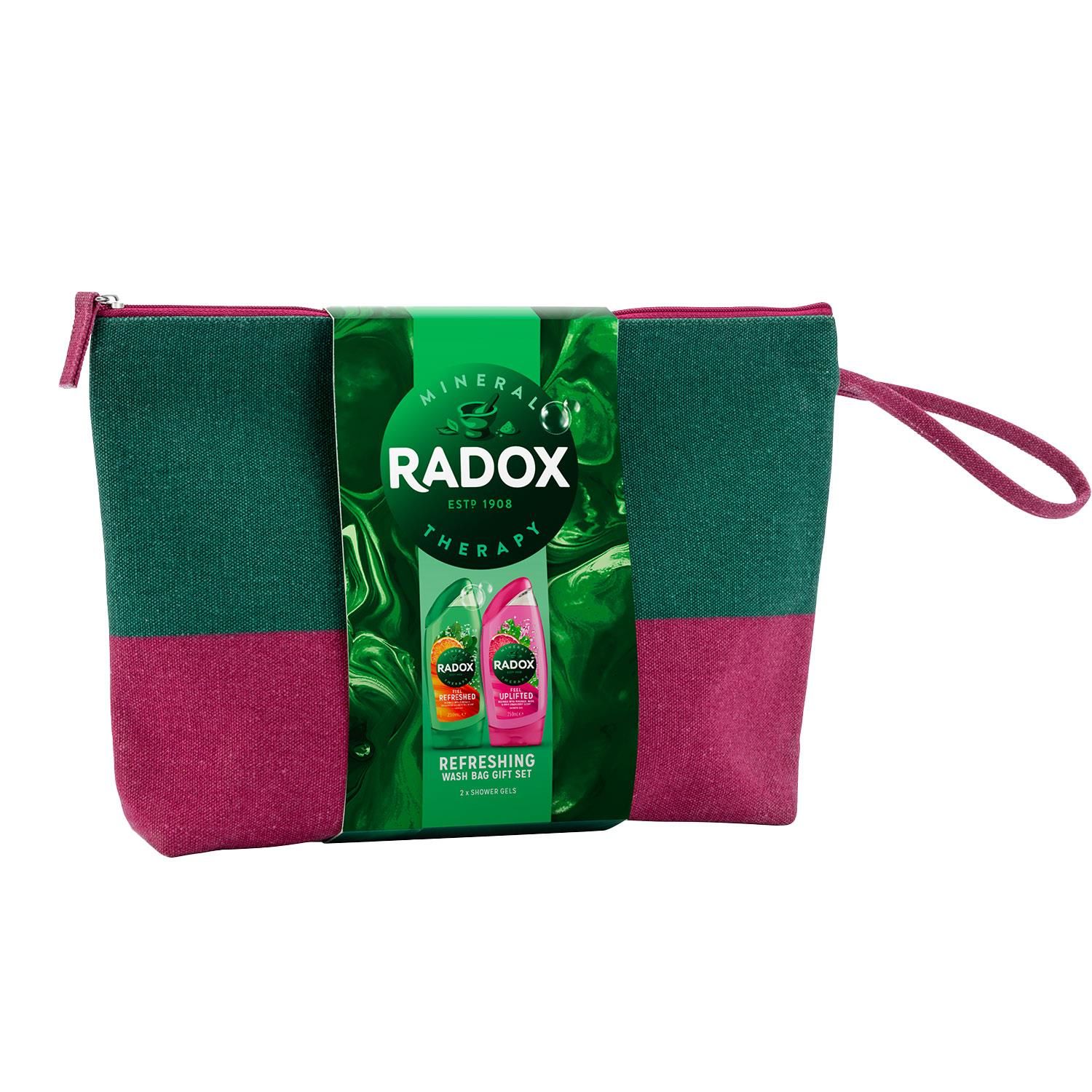 Radox Refreshing Wash Bag Gift Set Is it even Christmas if you haven't got your hands on a Radox Refreshing Gift Set It's a tradition. One that means we can start the day fresh and keep feeling fresh all day long. One that means you're not struggling to find last-minute Christmas gifts year after year. And you can't go wrong with Radox Refreshing WashBag Gift Set, made up of Feel Uplifted Shower Gel 250ml and Feel Refreshed Shower Gel 250 ml. There'll be no need to fake happiness when unwraps this gift set. Trust us. That's why we've created the ultimate gift set packaged in a classy but modern wash bag to make fresh-feeling self anywhere. Radox Feel Uplifted Shower Gel contains the heavenly scent of basil mixed with the citrusy tang of grapefruit to make you feel delightfully uplifted. Leaves your skin feeling refreshed and cleansed. A refreshing shower gel and cleanser. Radox Feel Refreshed Shower Gel transforms your mood and provides you with an invigorating shower experience when you need that energy boost to help you feel better. It contains natural ingredients chosen to help revitalize and invigorate your body and mind. 

Features: 
Full of natural herbs to provide the sensual stimulation you want, whether its relaxation, stimulation, muscle pain relief, Radox has the formulation for you. Combinations are specially designed to unleash a mood, whether you want to be ready or refreshed, uplifted or soothed. 
Radox Shower Gels are pH neutral and dermatologically tested. 
Suitable for all skin types. 

Safety Warnings: Avoid contact with eyes. In case of contact, rinse thoroughly with water. The product contains menthol. If you experience discomfort, please stop use. 

Gift Set Includes: 1x Feel Uplifted Shower Gel 250ml 1x Feel Refreshed Shower Gel 250 ml 1x Waterproof Lining WashBag