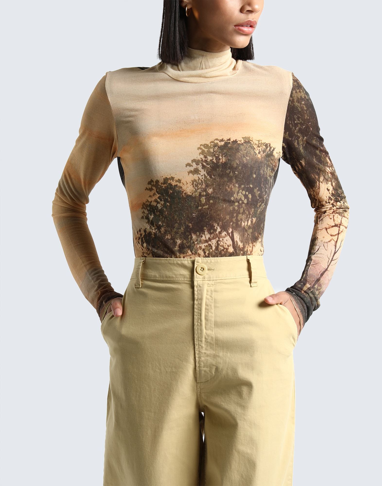 crepe, no appliqués, multicolour pattern, turtleneck, long sleeves, no pockets, rear closure, unlined
