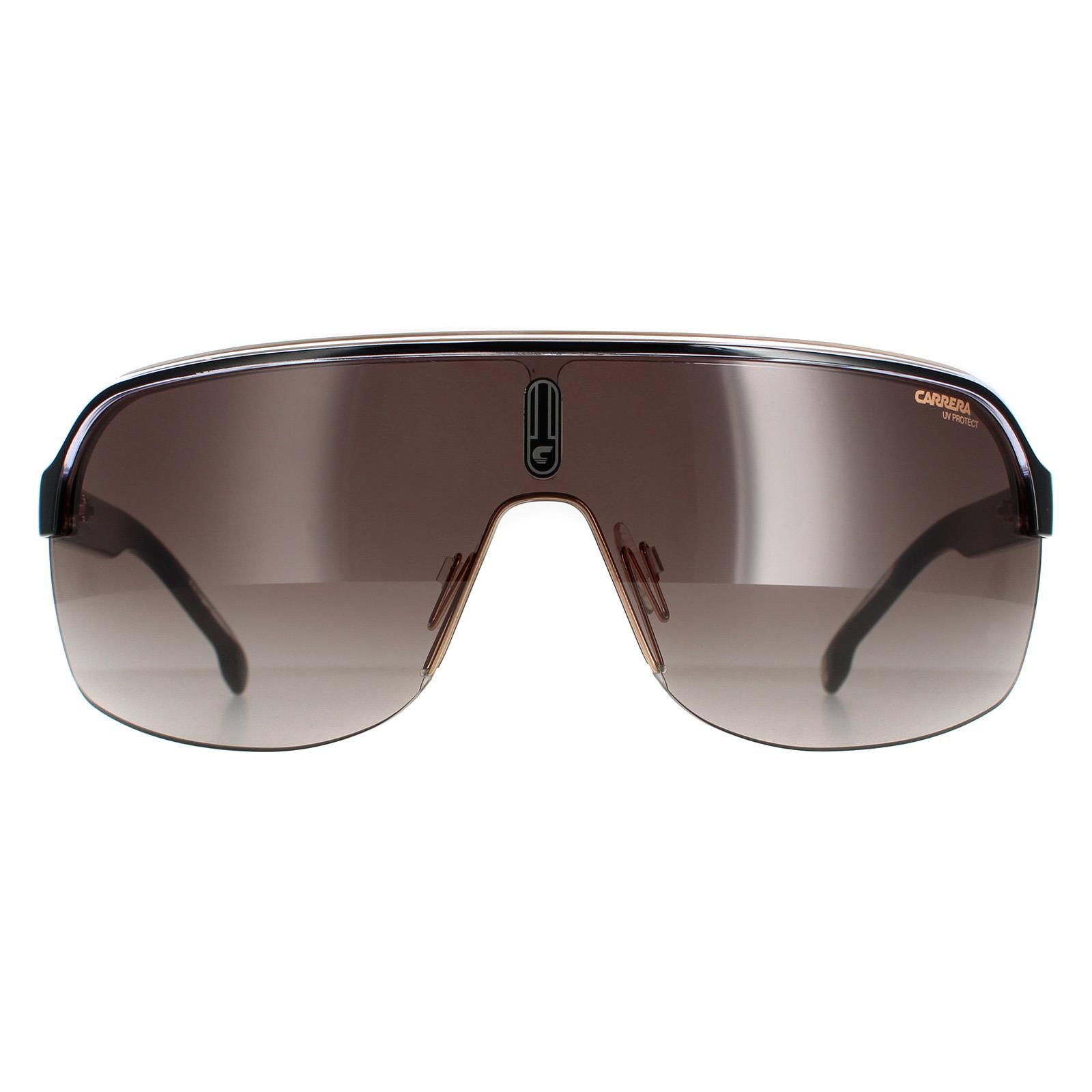 Carrera Shield Unisex Black Gold Brown Gradient Topcar 1/N  Carrera are a visor style sunglass with a large lens and thick brow bar with trendy twists of colour across the top.