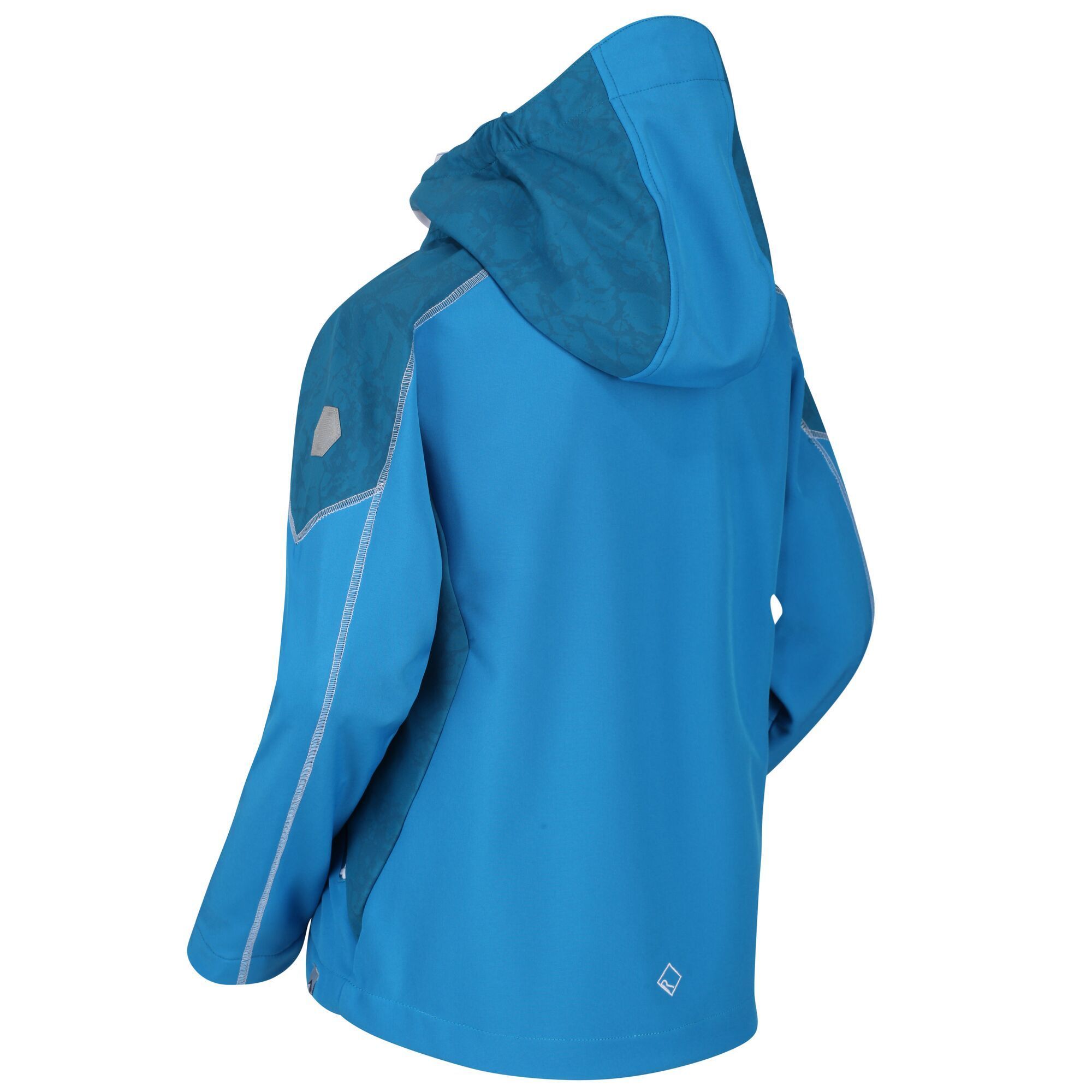 Material: 96% Polyester, 4% Elastane. Durable, water-repellent and lightweight softshell fabric jacket with elasticated hood. Highly reflective printed panels. Wind resistant. 2 zipped lower pockets.