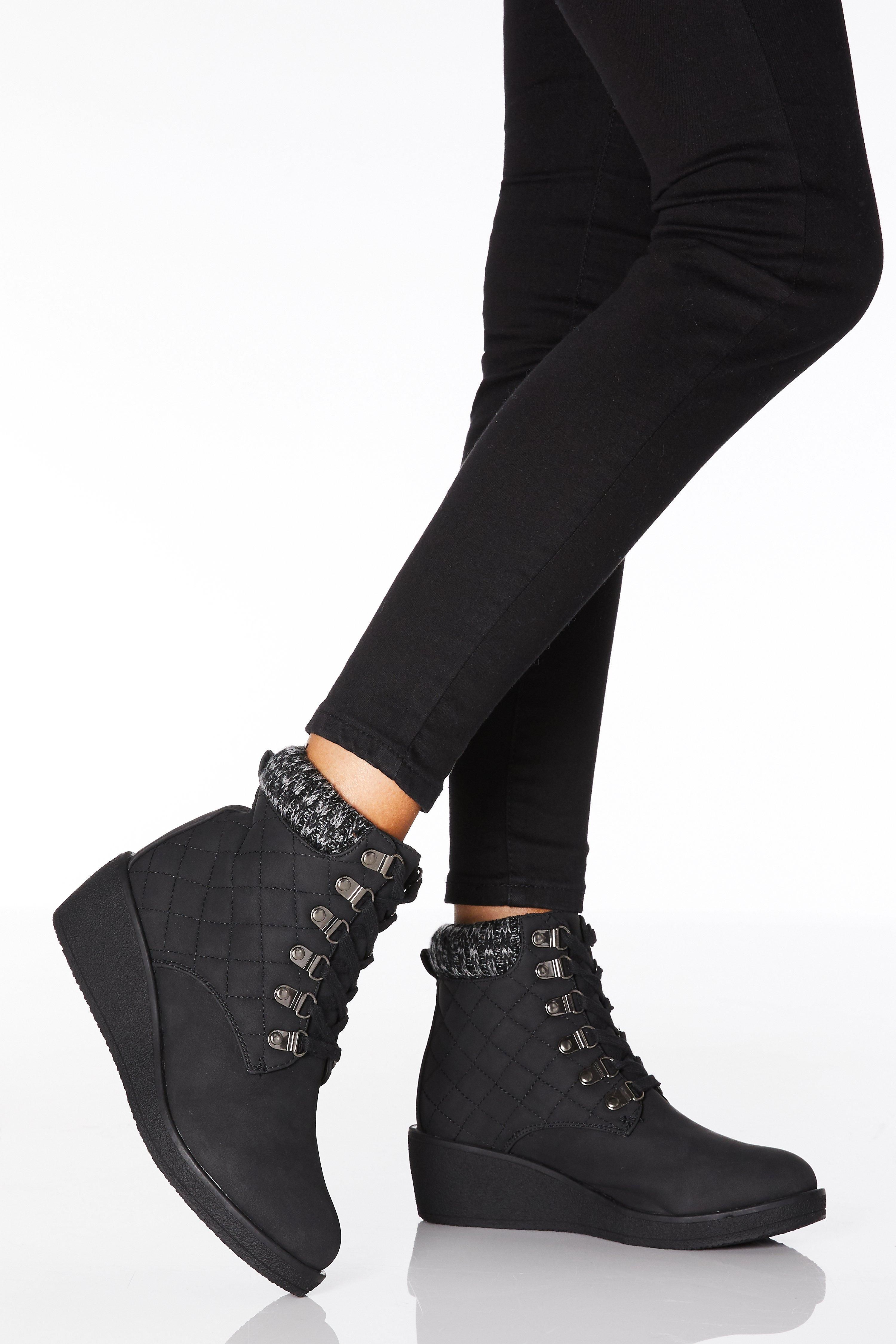 Black Quilted Lace Up Wedge Ankle Boots