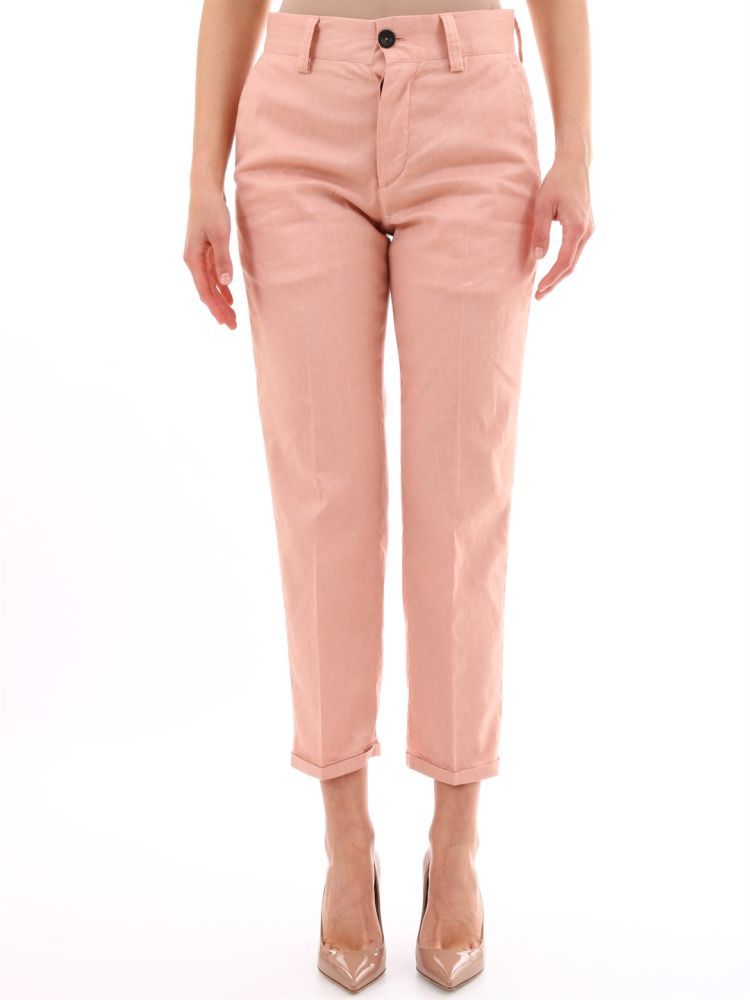 Pink trousers in linen and cotton blend. High waist bootcut model with back pockets and belt loops at the waist.The model is 1.78 high and wears size S / 40IT / 26US / 36FR / 8U