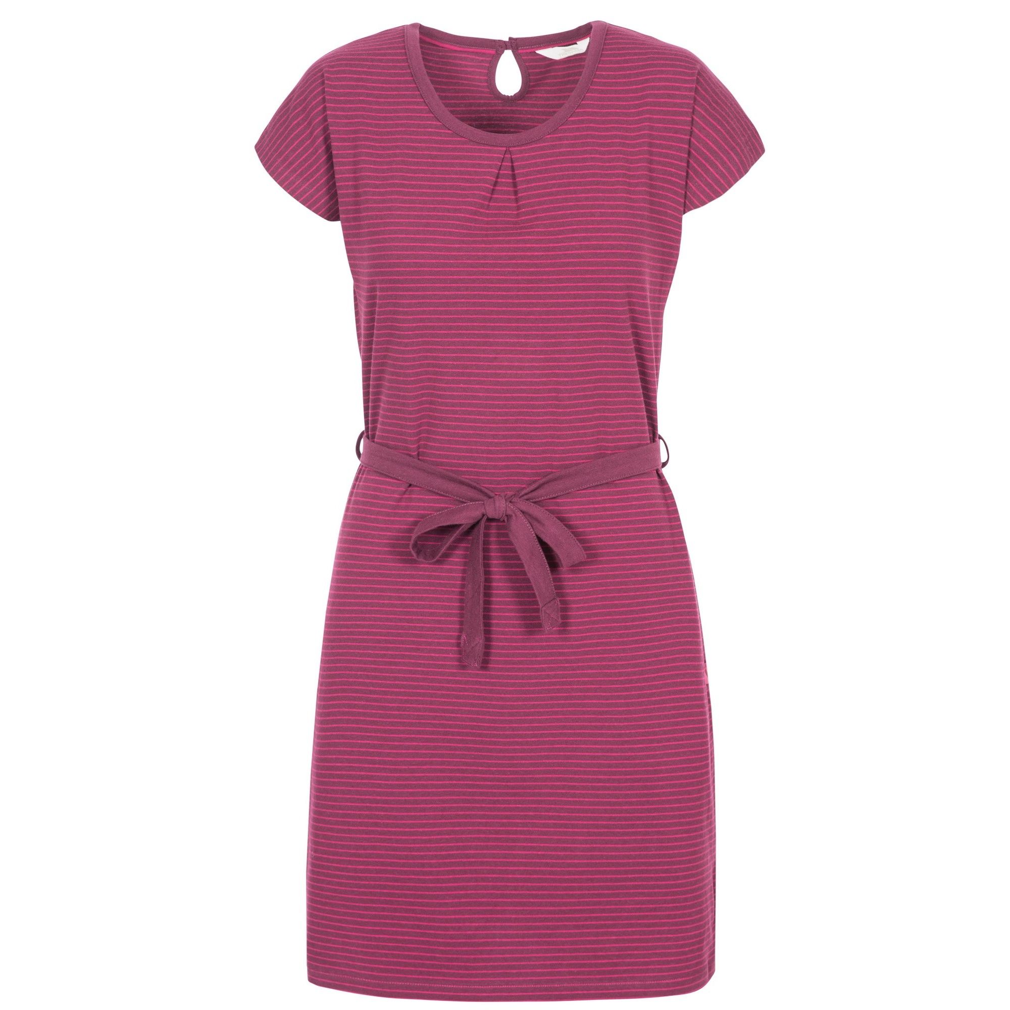 Casual and cool, this comfortable yarn dyed stripe dress is perfect for spring and summer. Features cap sleeves with soft front pleat at the neckline, tie belt at the waist and two hand pockets. Keyhole button fastening at the back. Woven look. 95% Cotton, 5% Elastane.