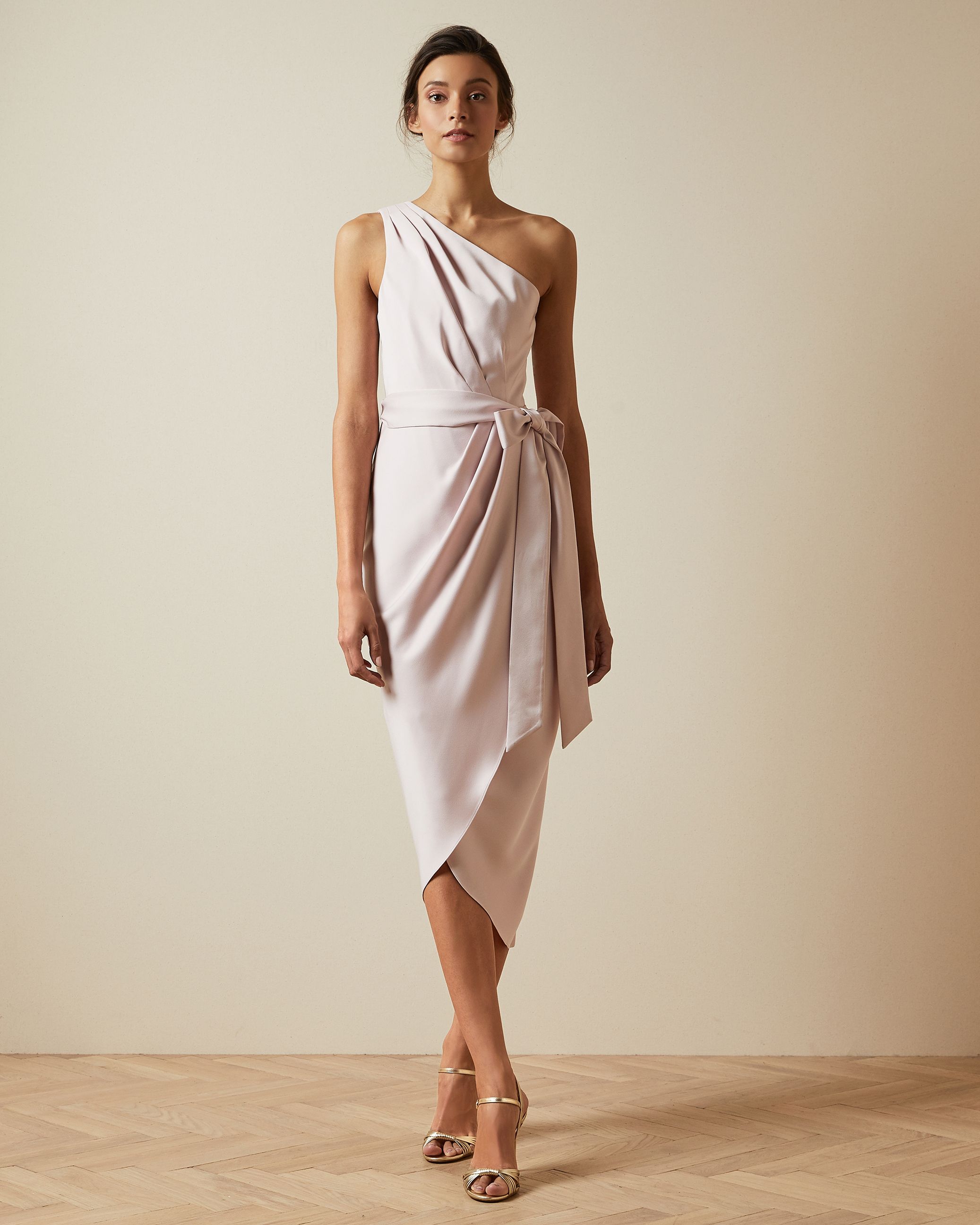 Ted Baker Gabie One Shoulder Drape Midi Dress, Light Pink