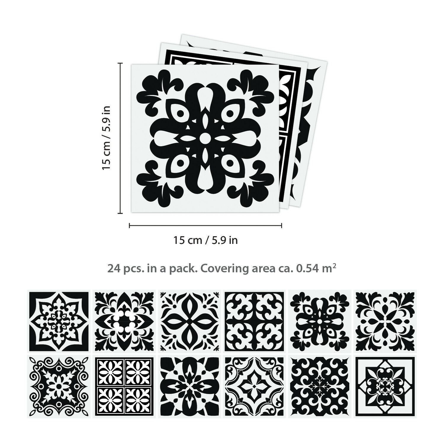 Calli Black and White Mediterranean Wall Tile Sticker Set 15x15 cm 6X6 in 24 pcs 