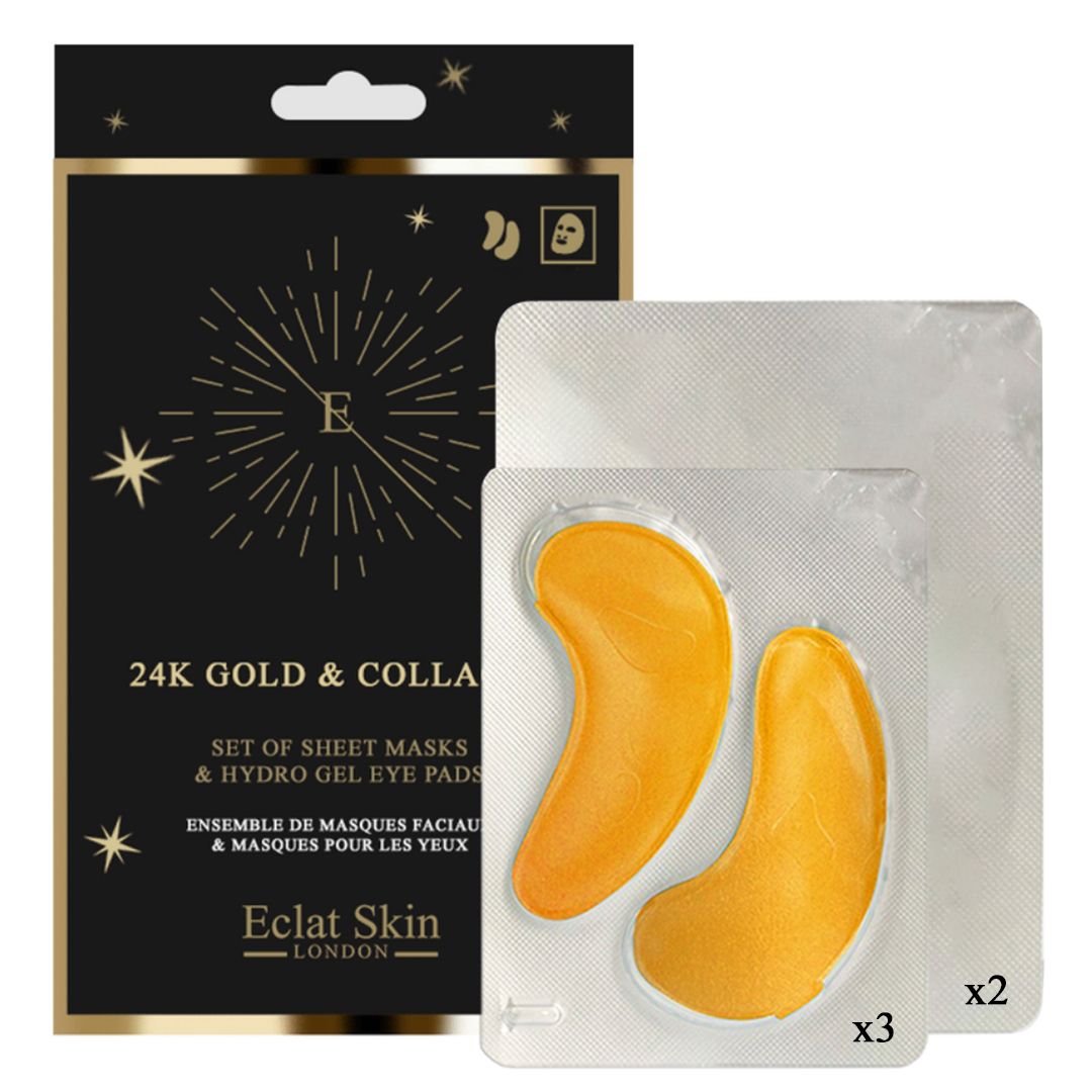This is a perfect gift of 24K Gold & Collagen Eye pads & Sheet Masks.

The kit contains:
3 x hydro-gel eye pads
2 x sheet masks
Eye Pads Directions for usage: Apply each pad to the underside of each eye. Leave for 10-15 minutes. Remove and gently massage in any residue. Do not re-use the pads. Use weekly.
 
Two luxury 30-minute hydration treatment sheet masks with a pioneering formula that contains Hyaluronic Acid, Collagen, Algae Extract and three natural extracts high in antioxidants. Designed to hydrate, nourish and plump dehydrated and dull looking skin. Use before makeup, special event or as a weekly relaxation and hydration treatment.

Sheet Masks Directions for usage: Apply mask to clean, dry skin, and smooth out with fingers. Take the mask off after approximately 30 minutes. Delicately massage the remaining serum in, and allow it to be fully absorbed or wipe away with a cloth.