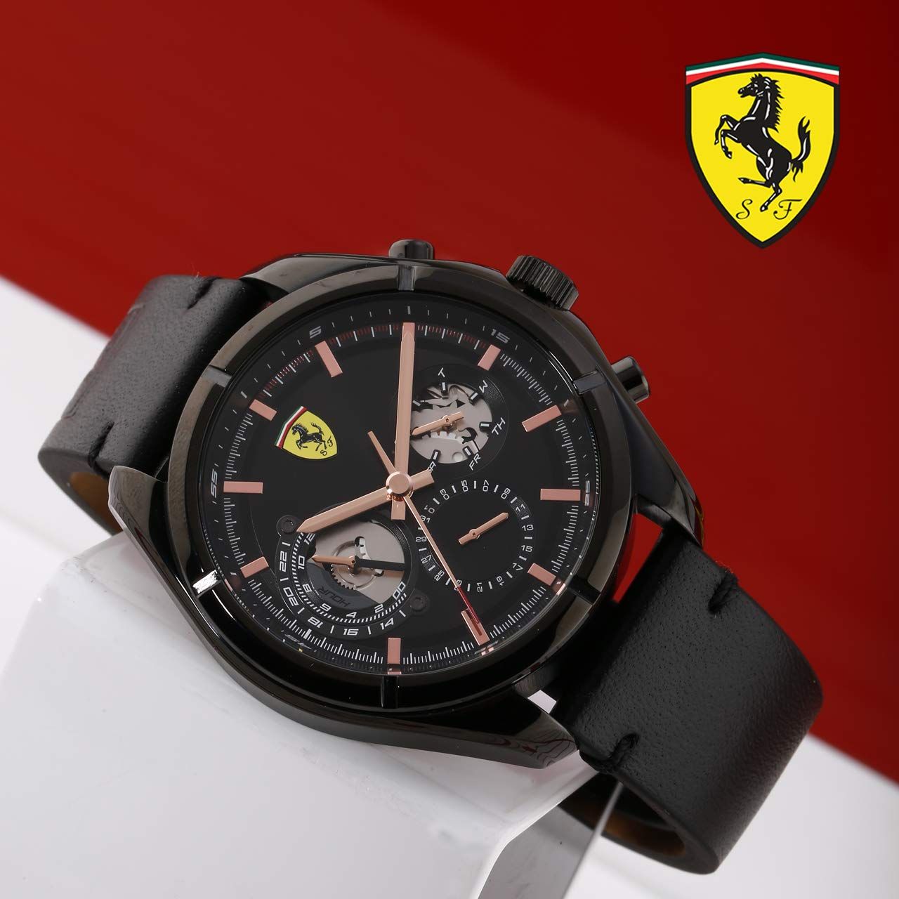 This Ferrari Speedracer Multi Dial Watch for Men is the perfect timepiece to wear or to gift. It's Black 45 mm Round case combined with the comfortable Black Leather will ensure you enjoy this stunning timepiece without any compromise. Operated by a high quality Quartz movement and water resistant to 5 bars, your watch will keep ticking. This fashionable, classic watch is a perfect gift for New Year, birthday,valentine's day and so on -The watch has a Calendar function: Day-Date, 24-hour Display High quality 21 cm length and 21 mm width Black Leather strap with a Buckle Case diameter: 45 mm,case thickness: 10 mm, case colour: Black and dial colour: Black