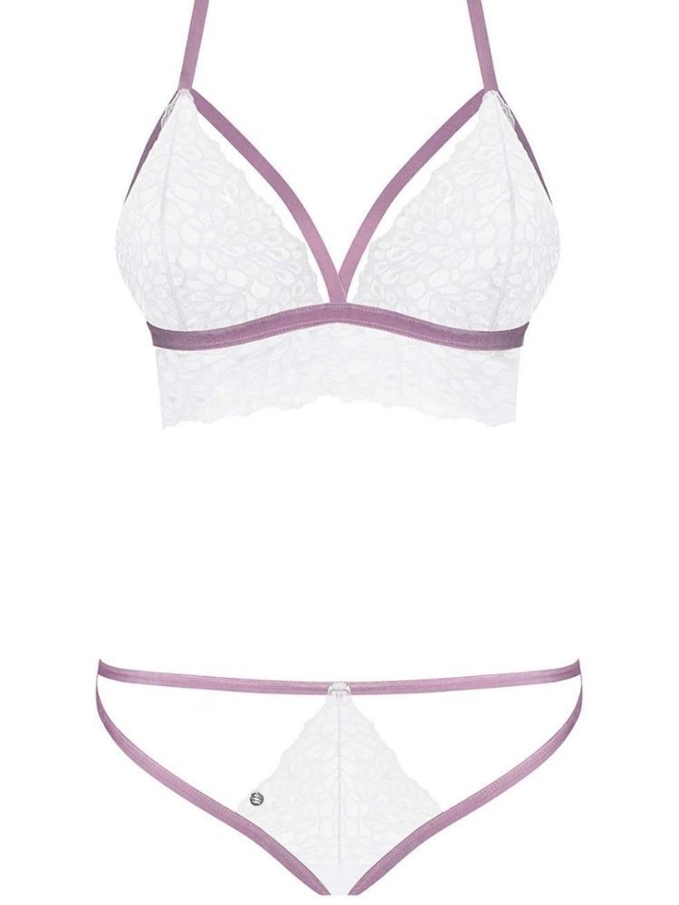 A gorgeous bra and thong set, made in beautiful lace with delicate lilac velvet straps. The bra is a pull on design with an adjustable halter neck strap for a great fit. The cups are triangular shaped to enhance the bust and are edged with lilac velvet. The matching thong has lace to the front with lilac straps to the side and rear.   We also have matching suspender belt and stockings in stock.