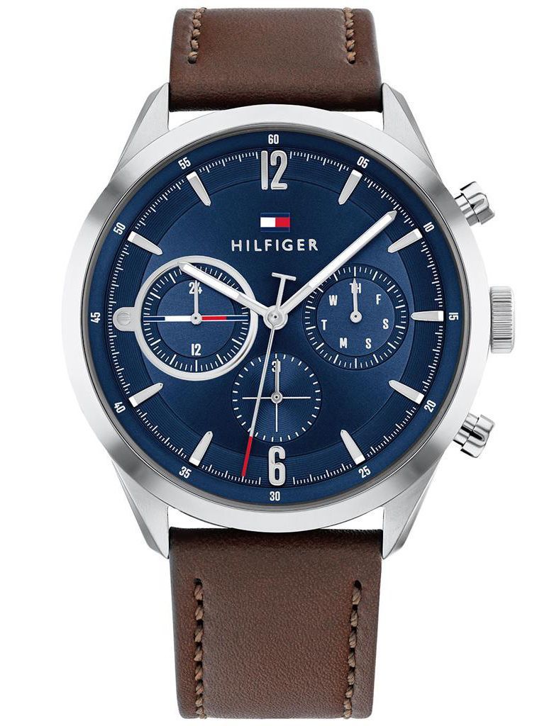 This Tommy Hilfiger Matthew Multi Dial Watch for Men is the perfect timepiece to wear or to gift. It's Silver 44 mm Round case combined with the comfortable Brown Leather watch band will ensure you enjoy this stunning timepiece without any compromise. Operated by a high quality Quartz movement and water resistant to 5 bars, your watch will keep ticking. This classic watch gives a comfortable feeling with its leather strap, it's perfect for every occasion -The watch has a calendar function: Day-Date, 24-hour Display High quality 21 cm length and 21 mm width Brown Leather strap with a Buckle Case diameter: 44 mm,case thickness: 11 mm, case colour: Silver and dial colour: Blue