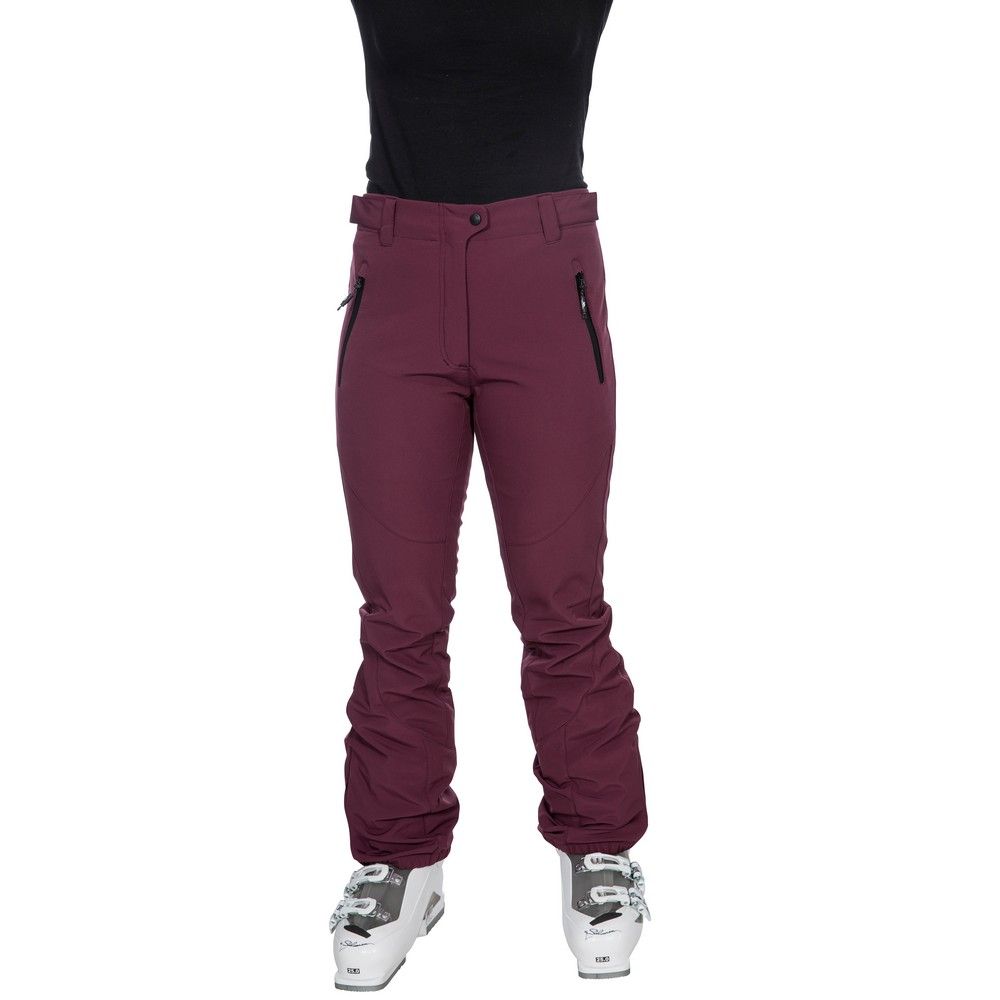 Womens ski trousers. Softshell with fleece back. Fully lined. Elasticated back waist. 2 welded zip pockets. Articulated knee darts. Side ankle zip. Ankle gaiters. Kick patches. Waterproof 2000mm. Windproof. Comfort stretch. Material: shell- 96% Polyester and 4% Elastane, TPU Membrane, lining- 100% Polyamide. Trespass Womens Waist Sizing (approx): XS/8 - 25in/66cm, S/10 - 28in/71cm, M/12 - 30in/76cm, L/14 - 32in/81cm, XL/16 - 34in/86cm, XXL/18 - 36in/91.5cm.