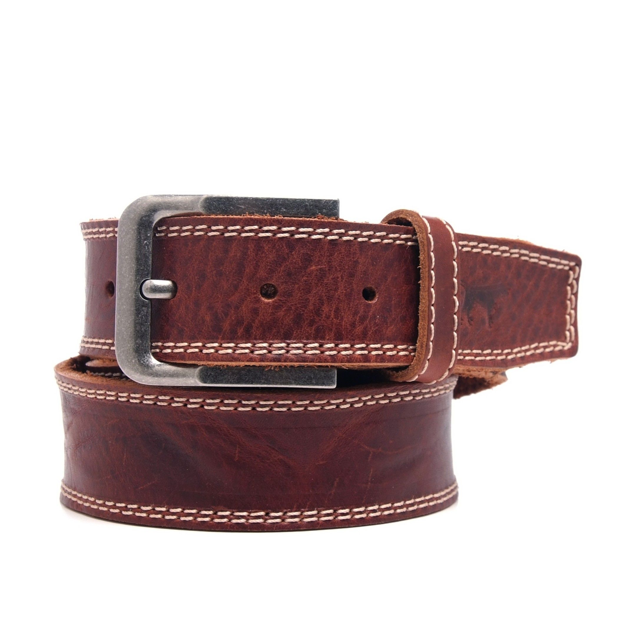 Castellanisimos men's leather belt with double stitching in beige. Metal buckle. Width: 3,5cm. MADE IN SPAIN.