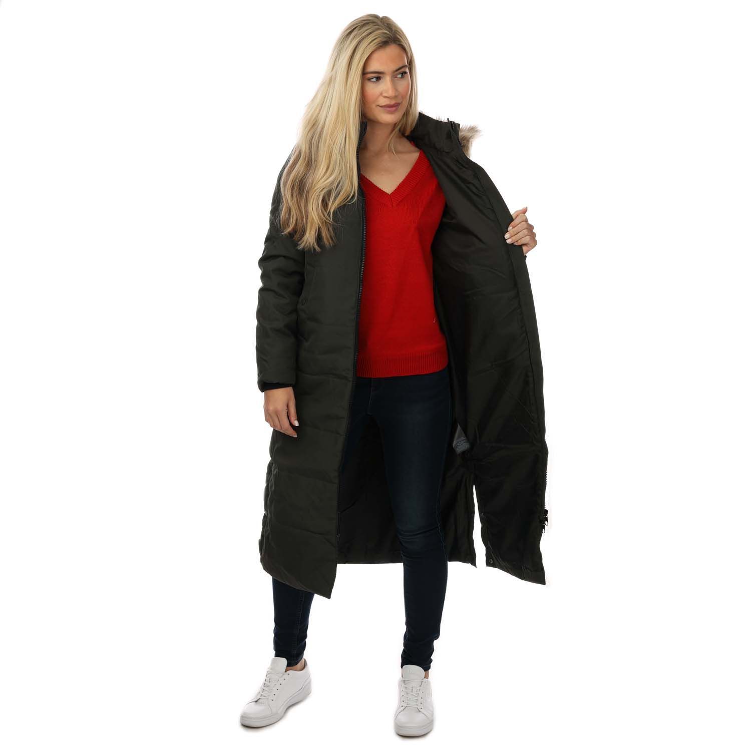 Womens Vero Moda Addison Long Coat in black.- Faux fur lined hood.- Two-way zipper.- Pockets to sides with popper closure.- Elasticated cuffs for extra warmth.- Full padded.- Horizontal stitch detail.- Fully lined.- 100% Polyester.  Machine washable.- Ref: 10267116