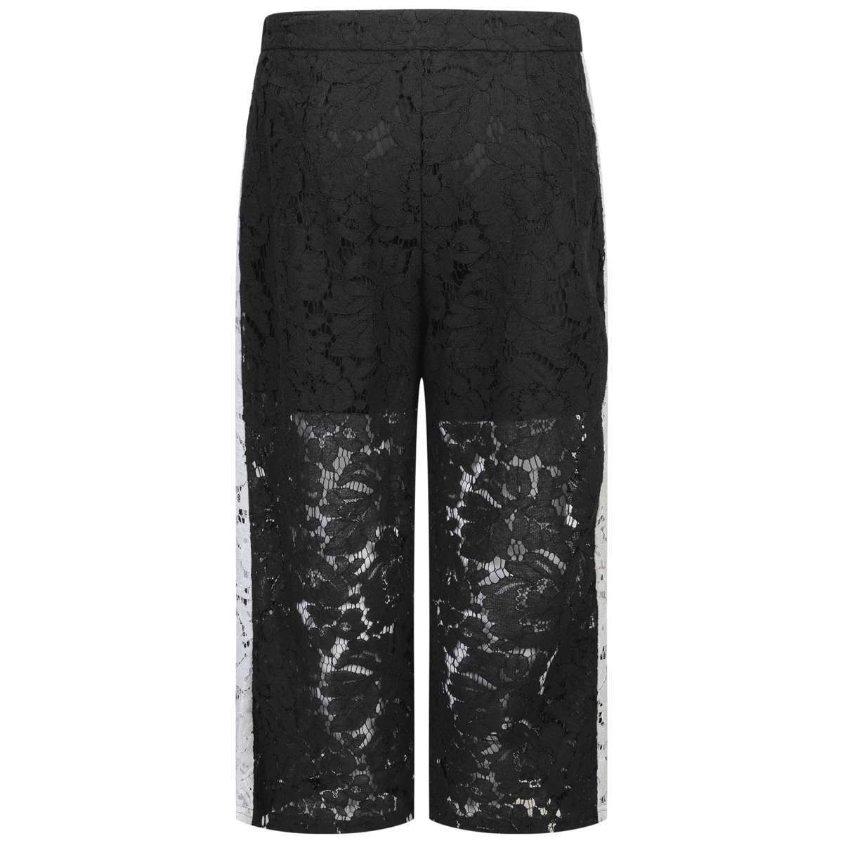 Black lace trousers with an interior adjustable, white panels on the seams, a button and fly zip closure. Made in China.