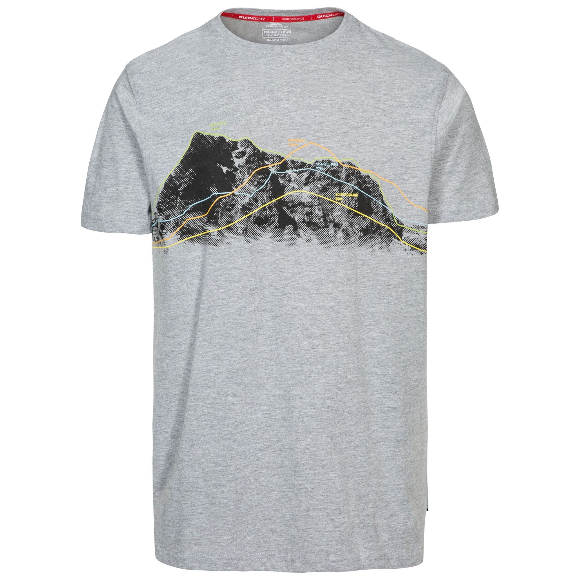 Short sleeves. Round neck. Print on chest. Quick dry. 60% Cotton, 40% Polyester. Trespass Mens Chest Sizing (approx): S - 35-37in/89-94cm, M - 38-40in/96.5-101.5cm, L - 41-43in/104-109cm, XL - 44-46in/111.5-117cm, XXL - 46-48in/117-122cm, 3XL - 48-50in/122-127cm.
