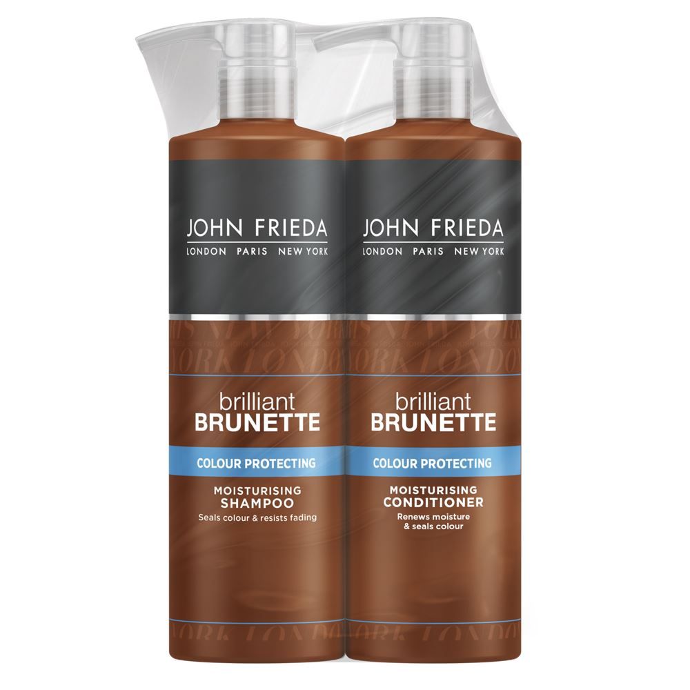 John Frieda Brilliant Brunette Colour Protecting Shampoo & Conditioner 500ml Duo Pack.  Protect your rich, deep brunette for up to 12 weeks (*Based on 3 washes per week). Don’t fade away. Our Colour Protecting Moisturising Shampoo & Conditioner protects and preserves brunette colour as it rehydrates and replenishes dry, colour-treated brunette hair. Safe for use on natural or colour-treated hair and for use on highlights & lowlights.

Set Contains:  1x John Frieda Brilliant Brunette Colour Protecting Shampoo 500ml & 1x John Frieda Brilliant Brunette Colour Protecting Conditioner 500ml