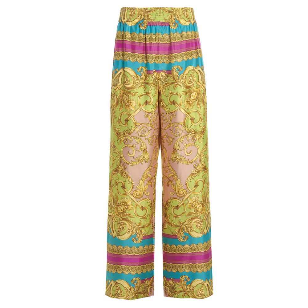 'Barocco Goddess' silk trousers with elastic waistband, wide leg and pockets.
