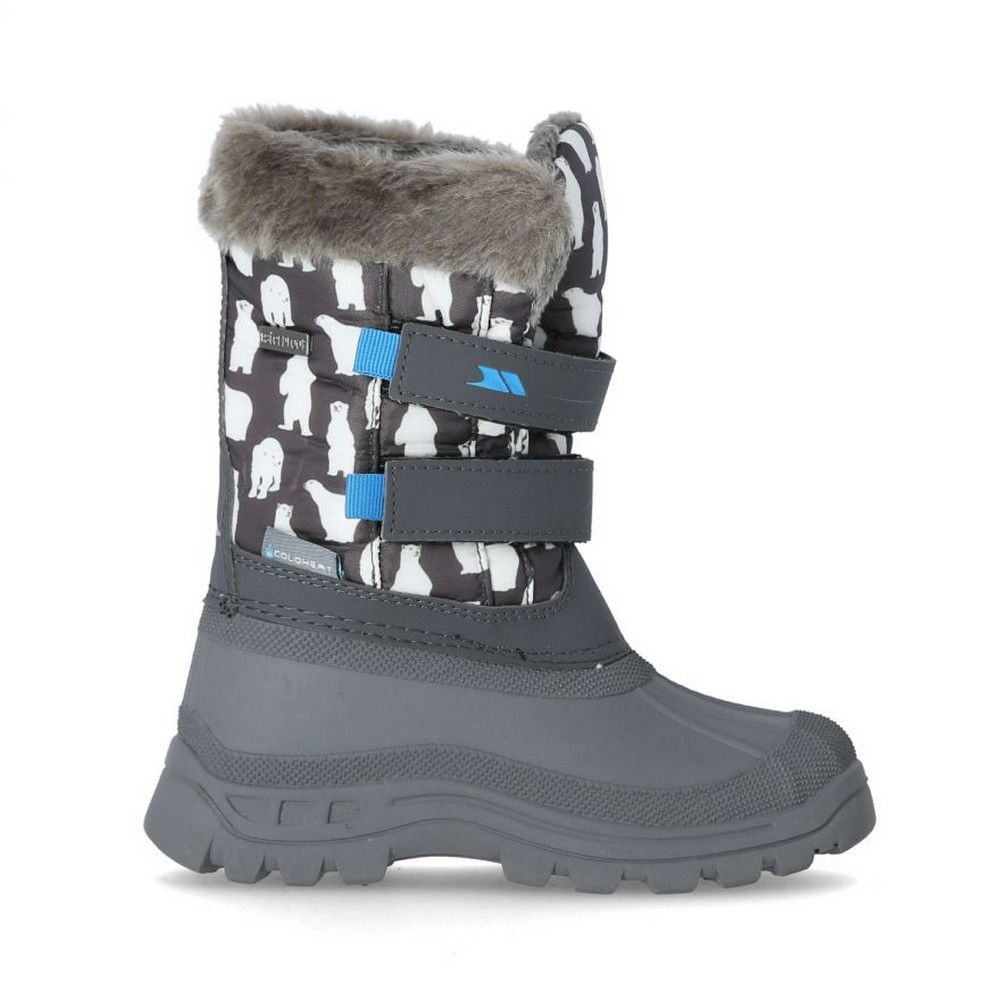Childrens snow boots with pull-on design. Water resistant upper. Waterproof outsole. Adjustable touch fastening. Ideal for wearing in the snow.