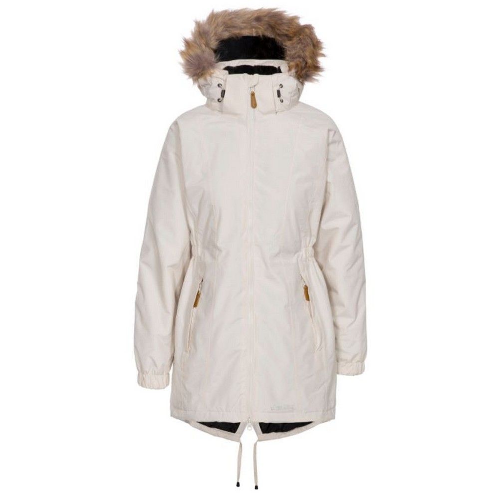 Woven. Shell - 100% polyester microfibre PVC. Lining - 100% polyester. Filling - 100% polyester. Furry fleece lining. Stud off hood fur trim. Inner storm flap. Two way zip. Elasticated sides. Elasticated cuffs.
