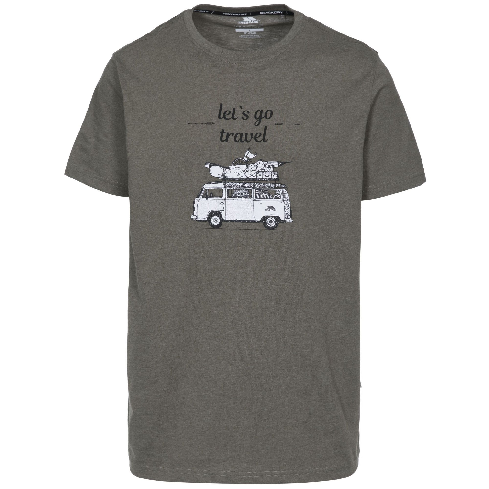 Mens short sleeve t-shirt with a travel van graphic print design on chest. Round neck. Quick drying. Materials: 60% cotton/ 40% polyester.