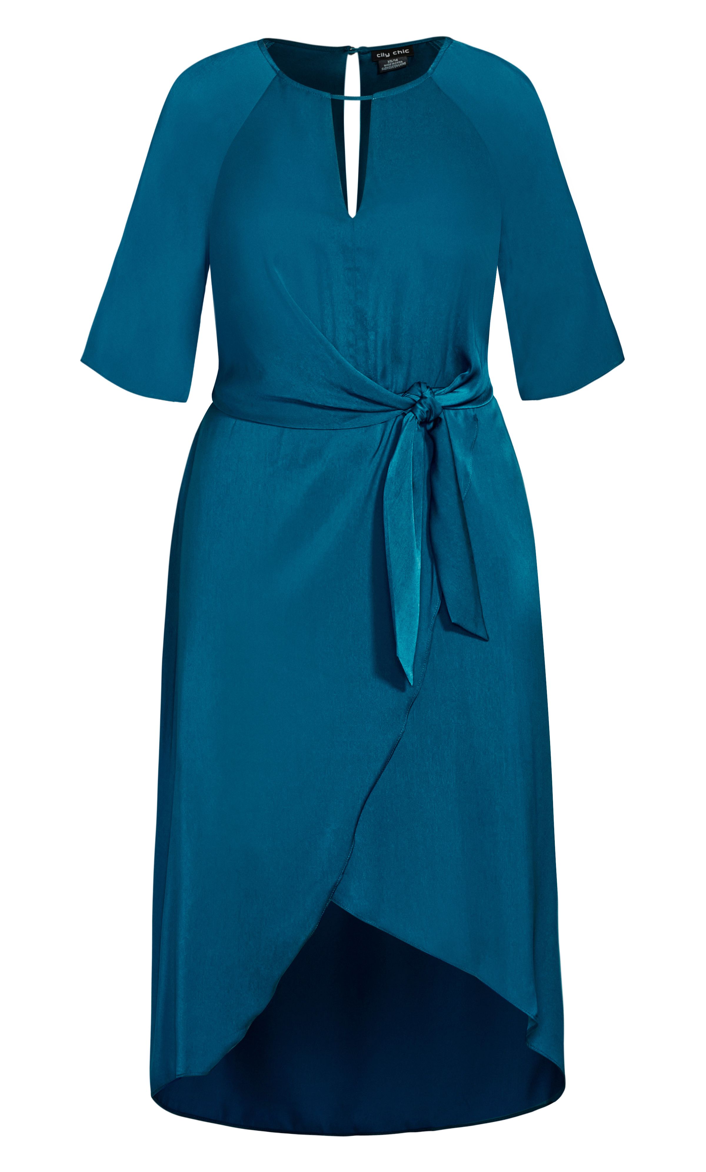 Ultra-cool and on-trend, the Sleek Tie Dress is effused with casual elegance. Featuring a notched V-neckline, this dress includes a wrap-style midi-length hemline with a knot detail to the front. Sweeping elbow sleeves offer a delicate touch to a bold and sophisticated look. Key Features Include: - Notched V-neckline - Short flutter sleeves - Adjustable self-tying waist - Faux wrap-style skirt - Lush stretch fabrication - Gold button closure to nape of neck with keyhole cut-out - Pull-over silhouette - Lined Team this dress with a strappy pair of heels for a decadent night out.