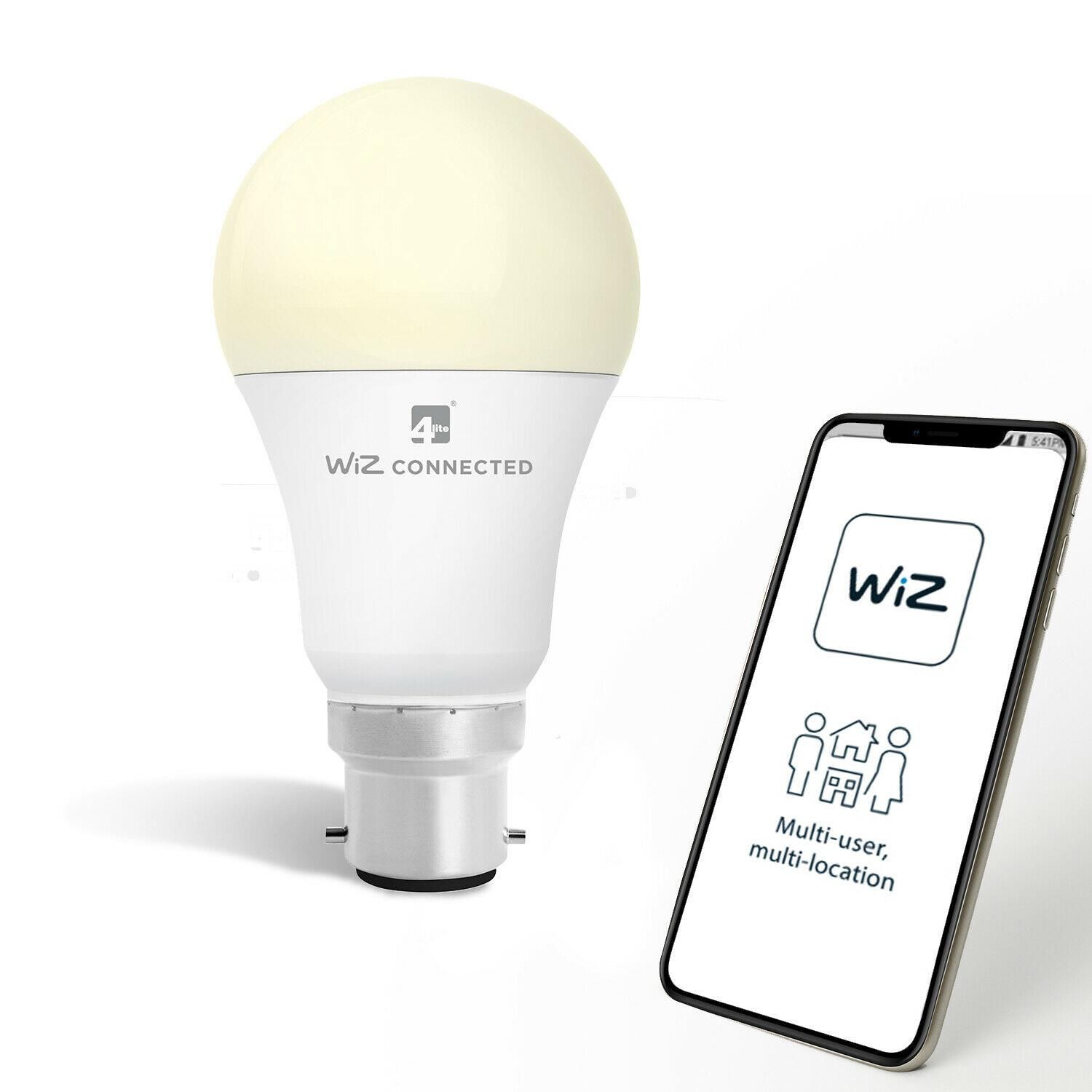 WiZ LED A60 Smart Bulb Wifi BC (B22) Warm White & Dimmable, 3 Pack
Bring human-centric lighting into your living and working environments with this smart LED A60 whites bulb. Retrofit into any lamp shade and choose the lighting conditions which suit you best from a wide range that starts with soft warm white and ends with bright daylight. Wi-Fi connected.

Experience the ideal lighting in your home at any time of the day or night. Download the easy-to-use app via the Google Store or iOS App Store, and control your lights in a flash. It’s compatible with all Apple and Android smartphones, so everyone in the family can enjoy the WiZ experience. Or, if you want to adjust the bulb with your voice, you can use your Google Home or Amazon Alexa speaker. It’s never been simpler to create the ultimate atmosphere in your home.

The Wi-Fi enabled WZ20826011 is also compatible with other smart devices through IFTTT. It can notify you when your doorbell rings, or turn off when you get into bed. All you need is a B22 Bayonet fixture, and you can get started on revolutionising your lighting

Luminosity : 2,700K to 6,500K , CRI 80, 25,000 lifetime hours, 50,000 switching cycles, Non-directional light, 810lm ,  110cd

Physical : White, B22 base type, Heatsink: plastic and aluminium, 
Experience the ideal lighting in your home at any time of the day or night. Bring human-centric lighting into your living and working environments with this smart LED A60 whites bulb.