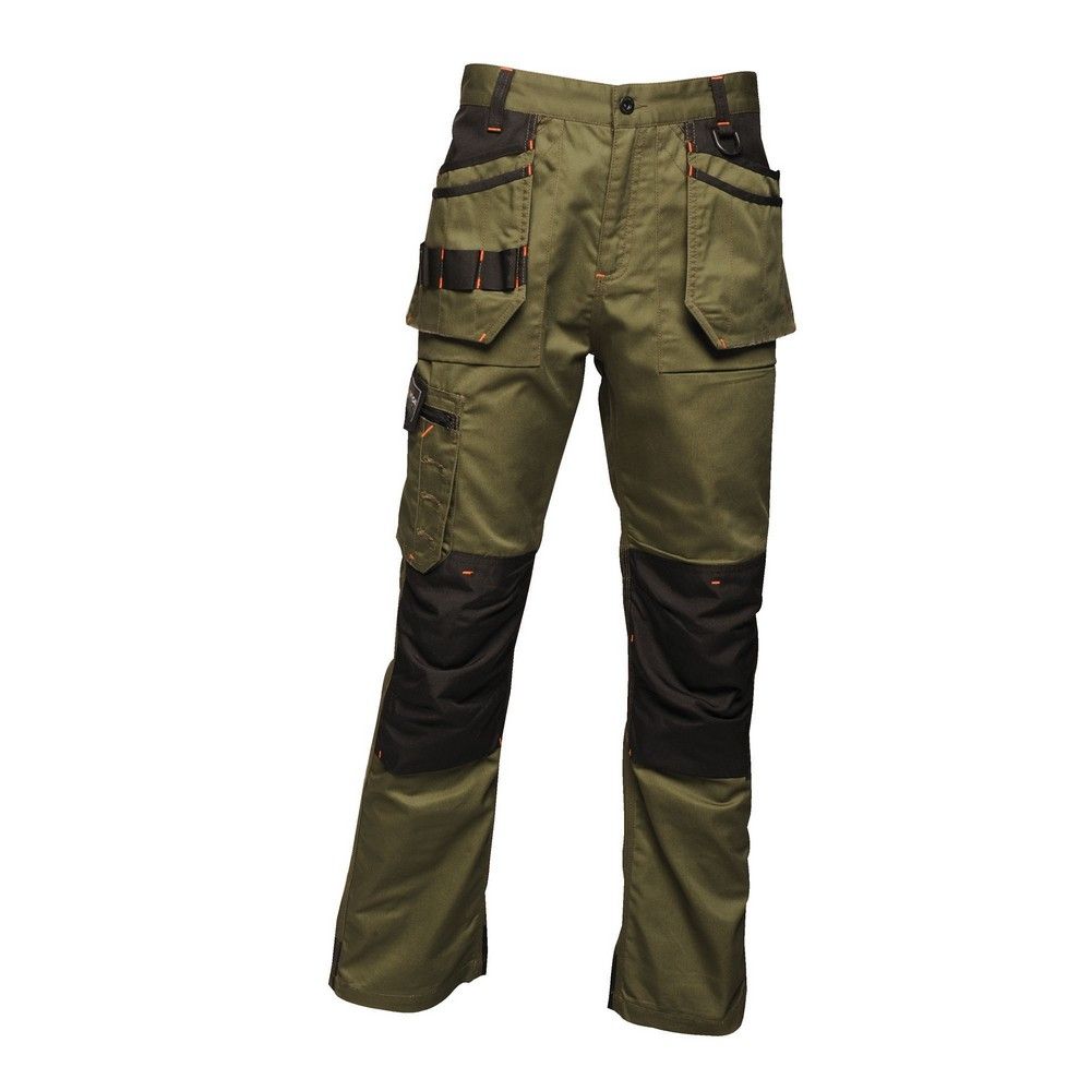 65% polyester 35% cotton fabric. Hardwearing polycotton fabric. Durable water repellent finish. Holster pockets at waist - fold away when not in use. Cordura bottom loading knee pockets. 2 Front pockets 1 side cargo pocket button fasten, 2 rear pockets. D-ring attachment. Reinforced seams.