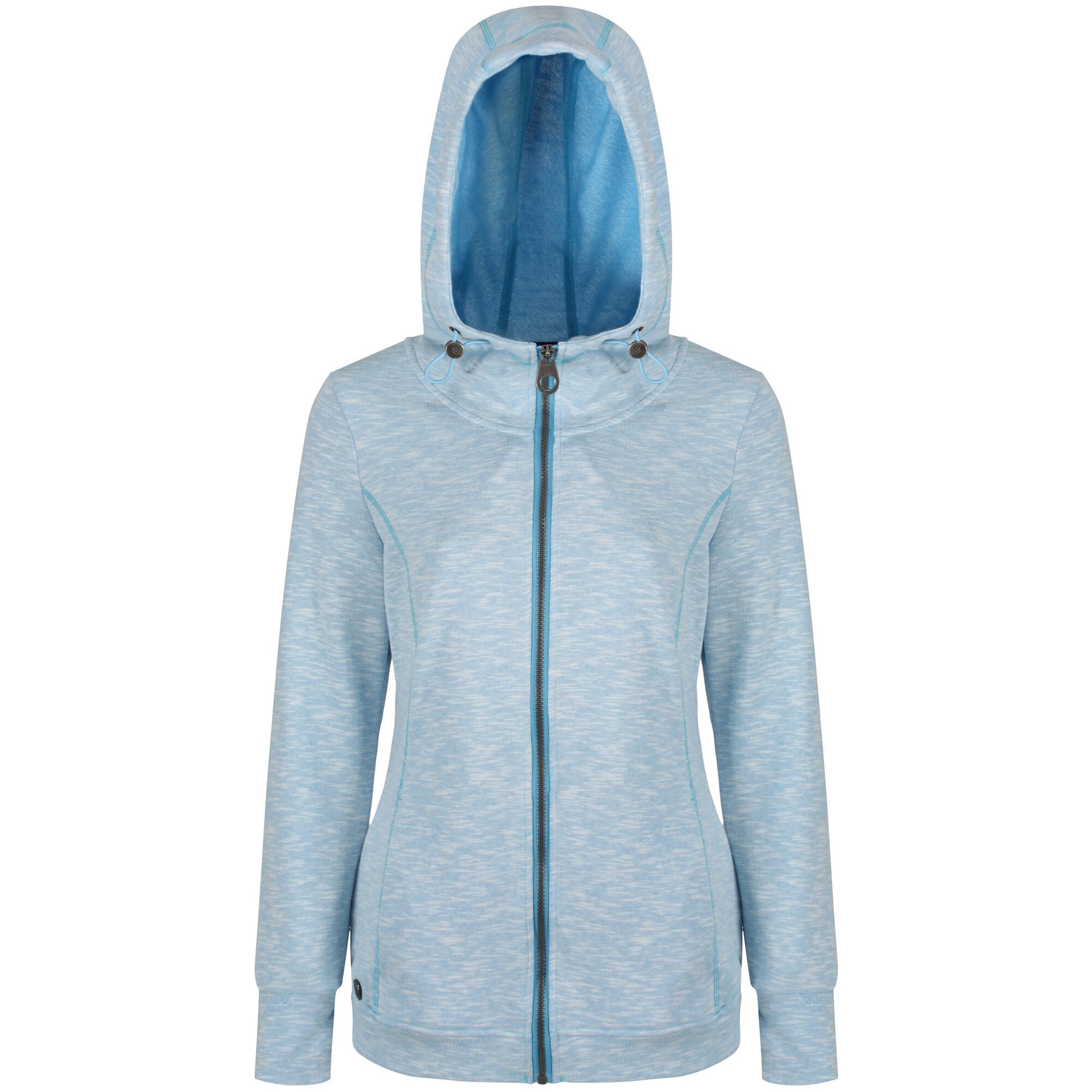 Fleece with draw cord hood and 2 lower pockets. Warm and comfortable. 64% polyester, 36% cotton. Machine washable.