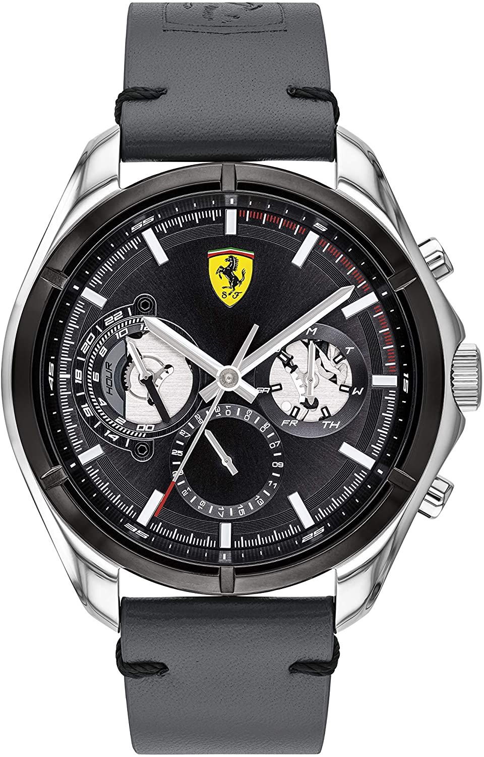 This Ferrari Speedracer Multi Dial Watch for Men is the perfect timepiece to wear or to gift. It's Silver 44 mm Round case combined with the comfortable Grey Leather will ensure you enjoy this stunning timepiece without any compromise. Operated by a high quality Quartz movement and water resistant to 5 bars, your watch will keep ticking. This watch gives you a comfortable feeling with its leather strap, it's perfect for every occasion -The watch has a Calendar function: Day-Date, 24-hour Display High quality 21 cm length and  21 mm width Grey Leather strap with a Buckle Case diameter: 44 mm,case thickness: 10 mm, case colour: Silver and dial colour: Black