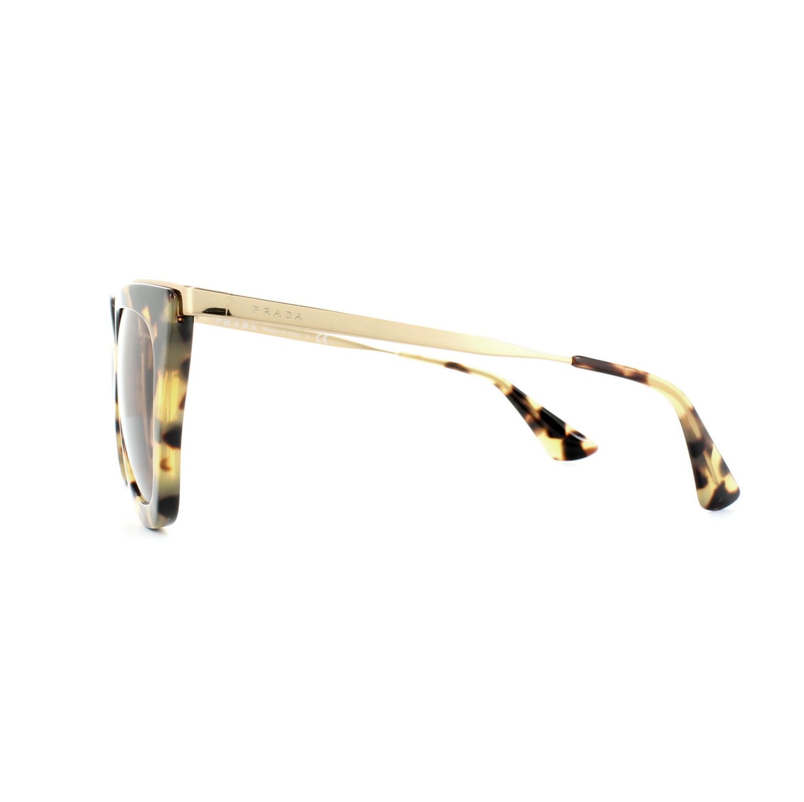 Prada Sunglasses Cinema Evolution 53SS 7S06N0 Blonde Havana Brown have a unique geometric shape with cat's eye lift to the corners, one of the frames that is leading the trend into geometric unusual shapes right now. The thick plastic front frame blends nicely at the cat's eye corners into the metal arms with the metal continuing across the top of the frame and across the bridge in one smooth piece that heightens the luxury feel of the frame.