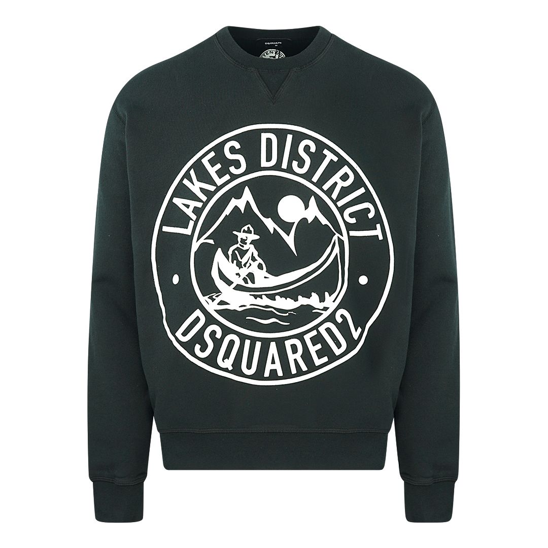 Dsquared2 Cool Fit Lake District Logo Black Sweater. Dsquared2 Cool Fit Lake District Logo Black Jumper. 100% Cotton, Made In Italy. Elasticated Neck, Sleeve Ends and Bottom. Large Logo Print. Style Code: S71GU0417 S25030 900