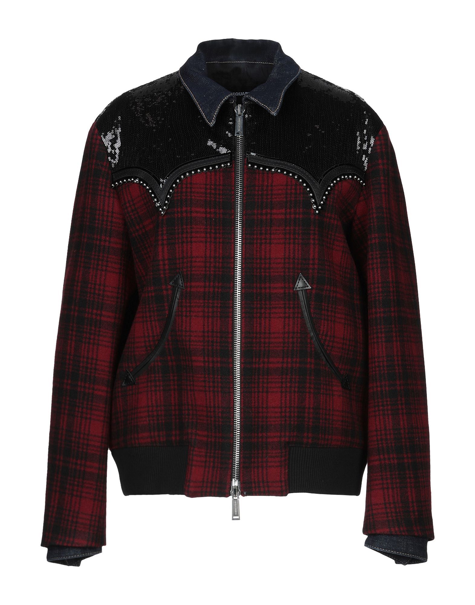 denim, flannel, studs, sequins, tartan plaid, single-breasted , zip, classic neckline, multipockets, long sleeves, fully lined, contains non-textile parts of animal origin, bomber jacket