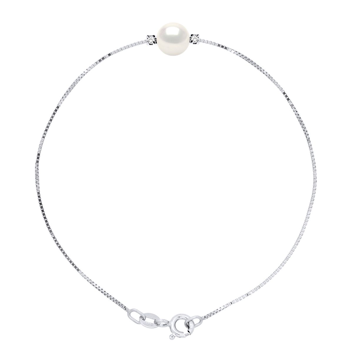 Bracelet Venetian stitch 925 Sterling Silver Rhodium-plated set with true Cultured Freshwater Round Pearl 8-9 mm surrounded by 2 true Diamonds 0,03 Cts -Length 18 cm, 7 in - Our jewellery is made in France and will be delivered in a gift box accompanied by a Certificate of Authenticity and International Warranty