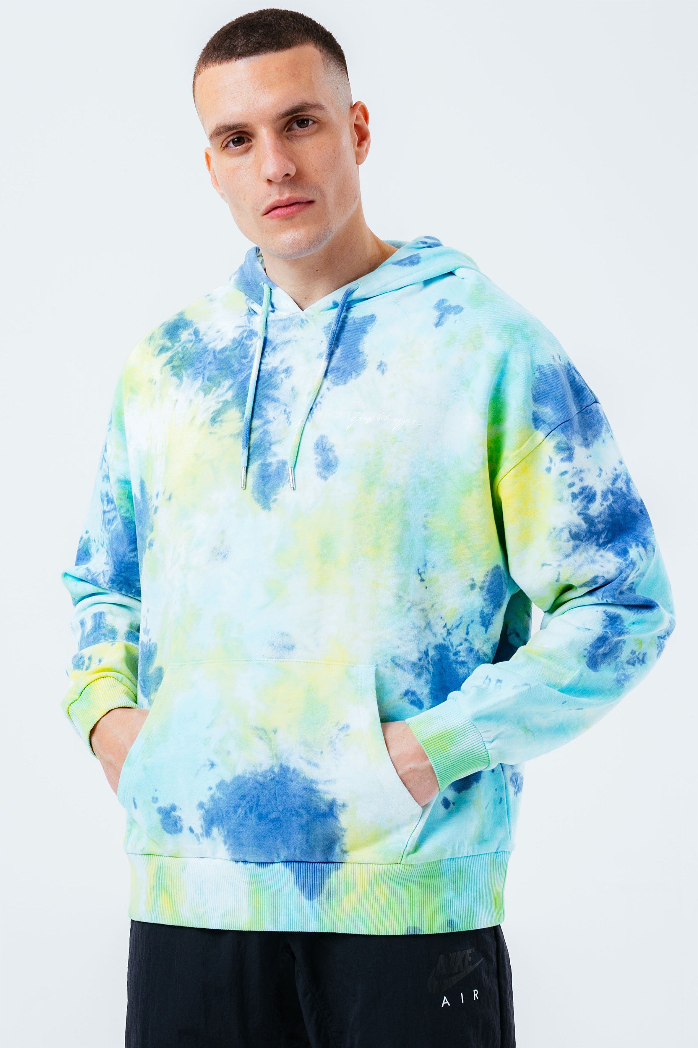 The HYPE. Tropic Dye Men's Oversized Pullover Hoodie is a new go-to everyday essential . Designed in a oversized, on-trend hoodie silhouette, with a fixed hood, kangaroo pocket, elasticated hem and ribbed cuffs for a snug feel. Finished with the signature just hype logo embroidered on the front. Machine wash at 30 degrees.