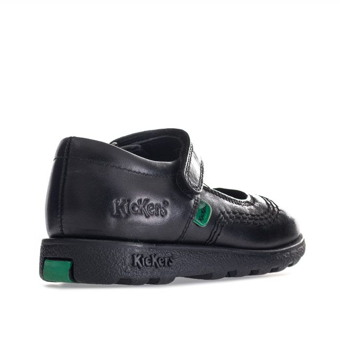 This Infants Girls Kickers Fragma Pop Shoe In Black Leather Boosts Hook And Loop Fastening With An Open Tongue, Padded Collar, Cushioned Sole And A Branded Tap To The Side And Heel.