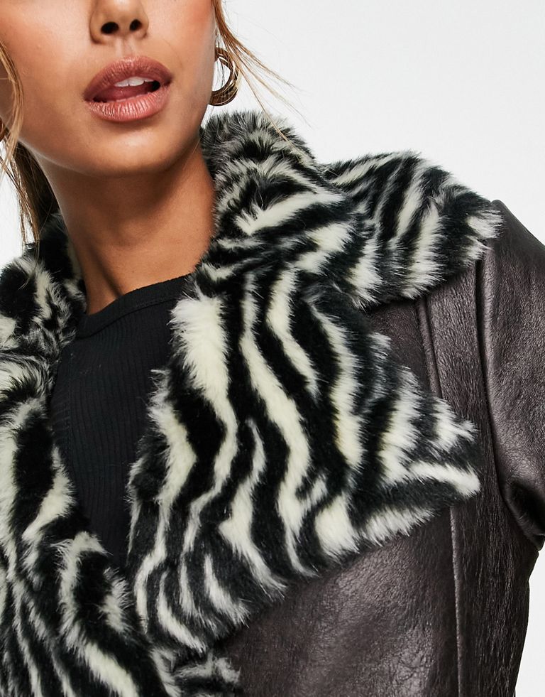 Miss Selfridge zebra faux fur contrast aviator jacketBrown