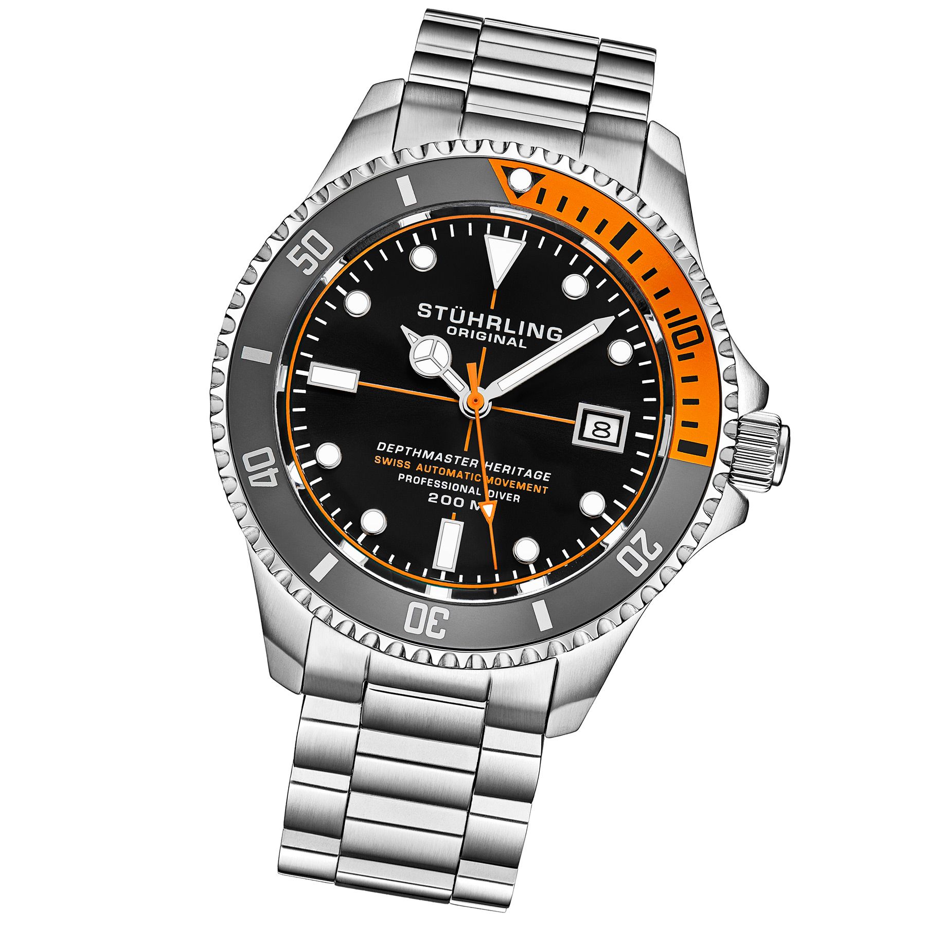 Men's Swiss Automatic Watch, Stainless Steel Case, Black Dial, Stainless Steel Bracelet, Exhibition Caseback, Thick Domed Crystal, 20ATM, Gray and Orange Bezel