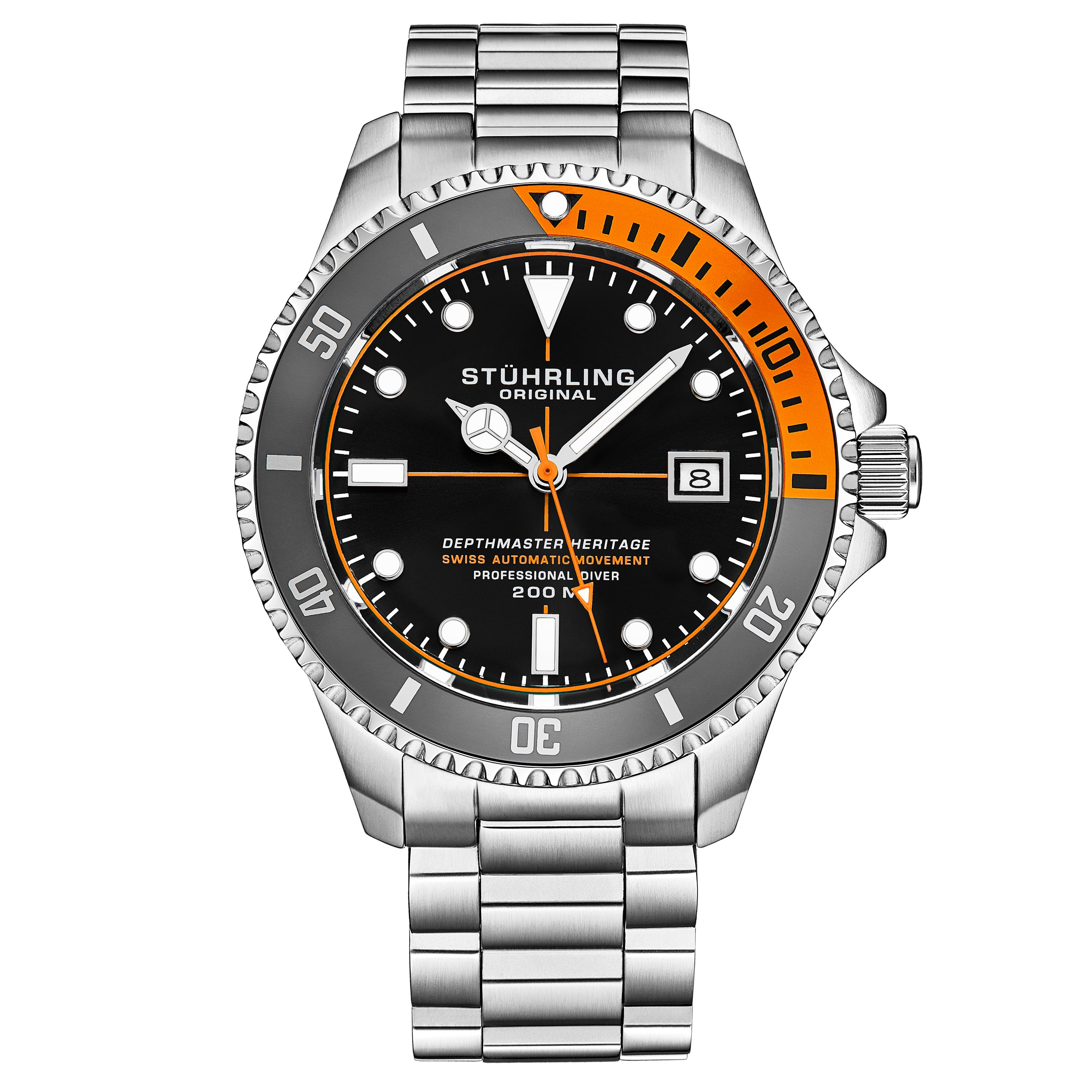 Men's Swiss Automatic Watch, Stainless Steel Case, Black Dial, Stainless Steel Bracelet, Exhibition Caseback, Thick Domed Crystal, 20ATM, Gray and Orange Bezel