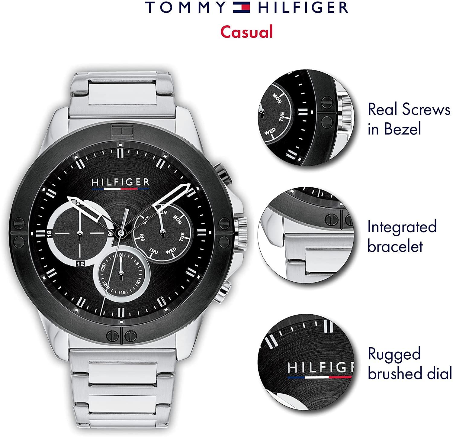 This Tommy Hilfiger Harley Multi Dial Watch for Men is the perfect timepiece to wear or to gift. It's Silver 46 mm Round case combined with the comfortable Silver Stainless steel watch band will ensure you enjoy this stunning timepiece without any compromise. Operated by a high quality Quartz movement and water resistant to 5 bars, your watch will keep ticking. The classic colours will go great with any outfit . It enables you to easily spice up a normal outfit and add style to your life. -The watch has a calendar function: Day-Date, 24-hour Display High quality 21 cm length and 21 mm width Silver Stainless steel strap with a Fold over with push button clasp Case diameter: 46 mm,case thickness: 11 mm, case colour: Silver and dial colour: Black