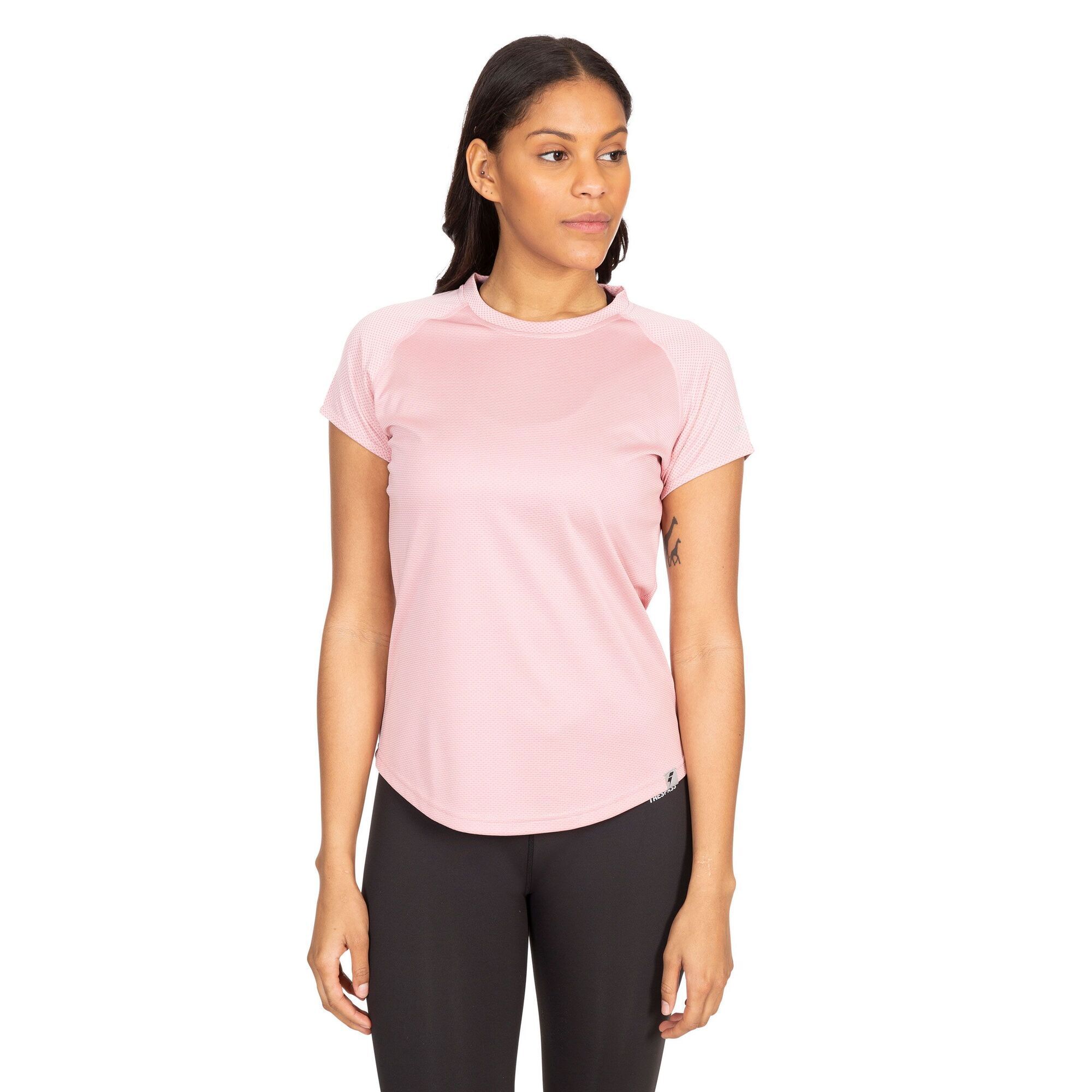 100% Polyester. Short sleeve. Round neck. Raglan sleeve. Contrast inner back neck binding. Reflective printed logos. Wicking. Quick dry. Trespass Womens Chest Sizing (approx): XS/8 - 32in/81cm, S/10 - 34in/86cm, M/12 - 36in/91.4cm, L/14 - 38in/96.5cm, XL/16 - 40in/101.5cm, XXL/18 - 42in/106.5cm.