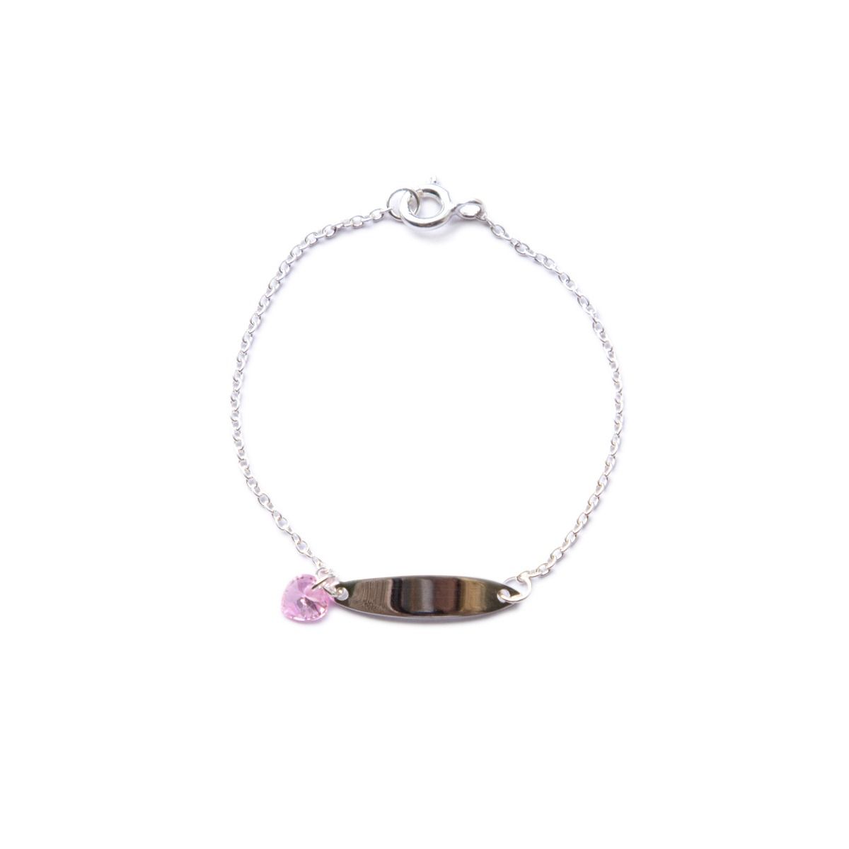 Beginnings 925 Sterling Silver Childrens Engravable ID Bar Tag Pink Heart Crystal Charm Bracelet