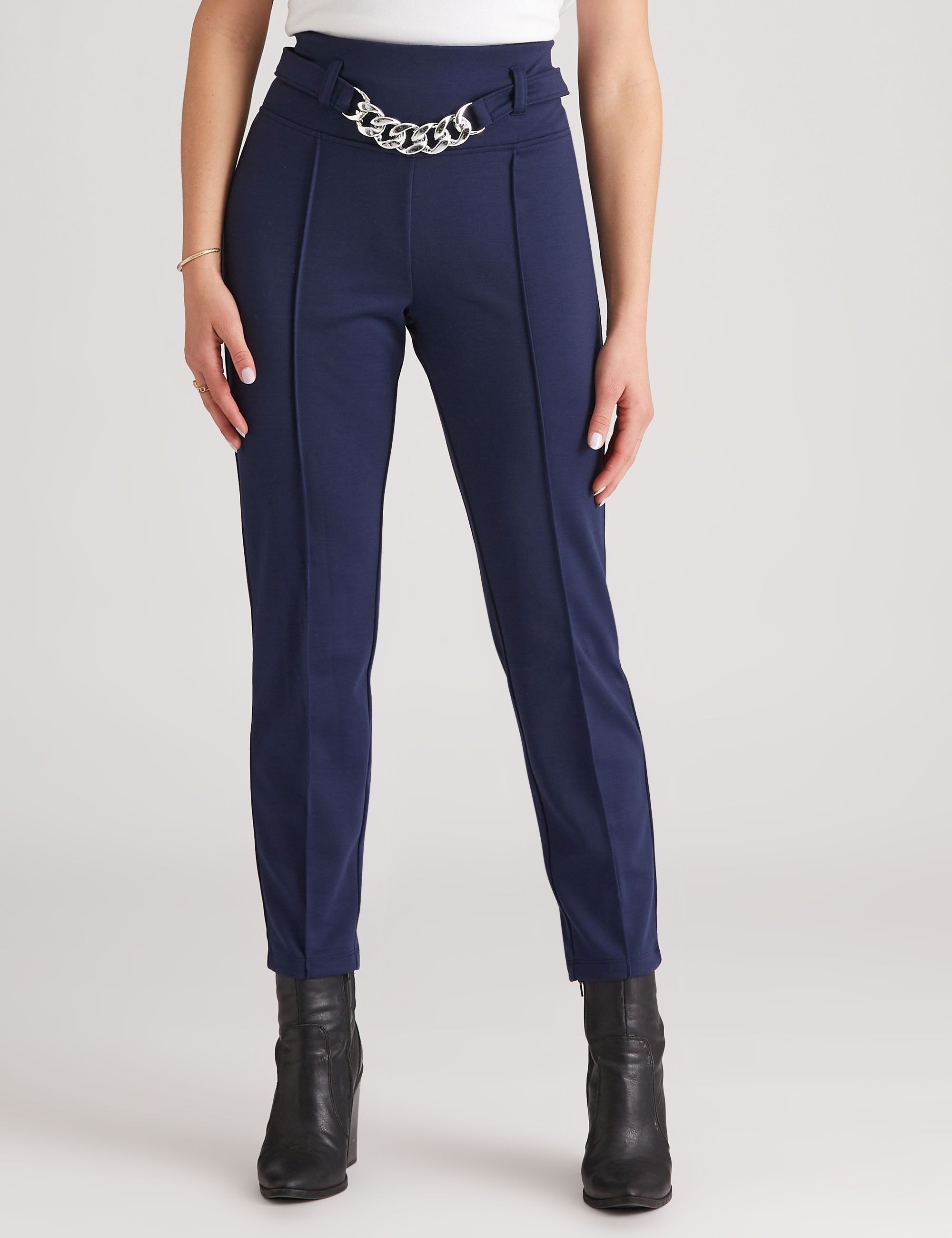 Womens Rockmans Full Length Chain Belt Buckle Ponte Pants Navy