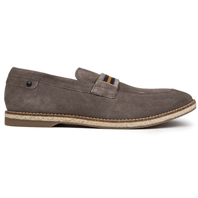 Men's Grey Base London Kinsey Slip-on Loafers With Soft Suede Upper, Featuring Woven Saddle Stripe And Contrasting Stitching To The Rope Effect Midsole. These Casual Low-profile Shoes Have A Stripy Lining, Branded Footbed, And A Rubber Sole.
