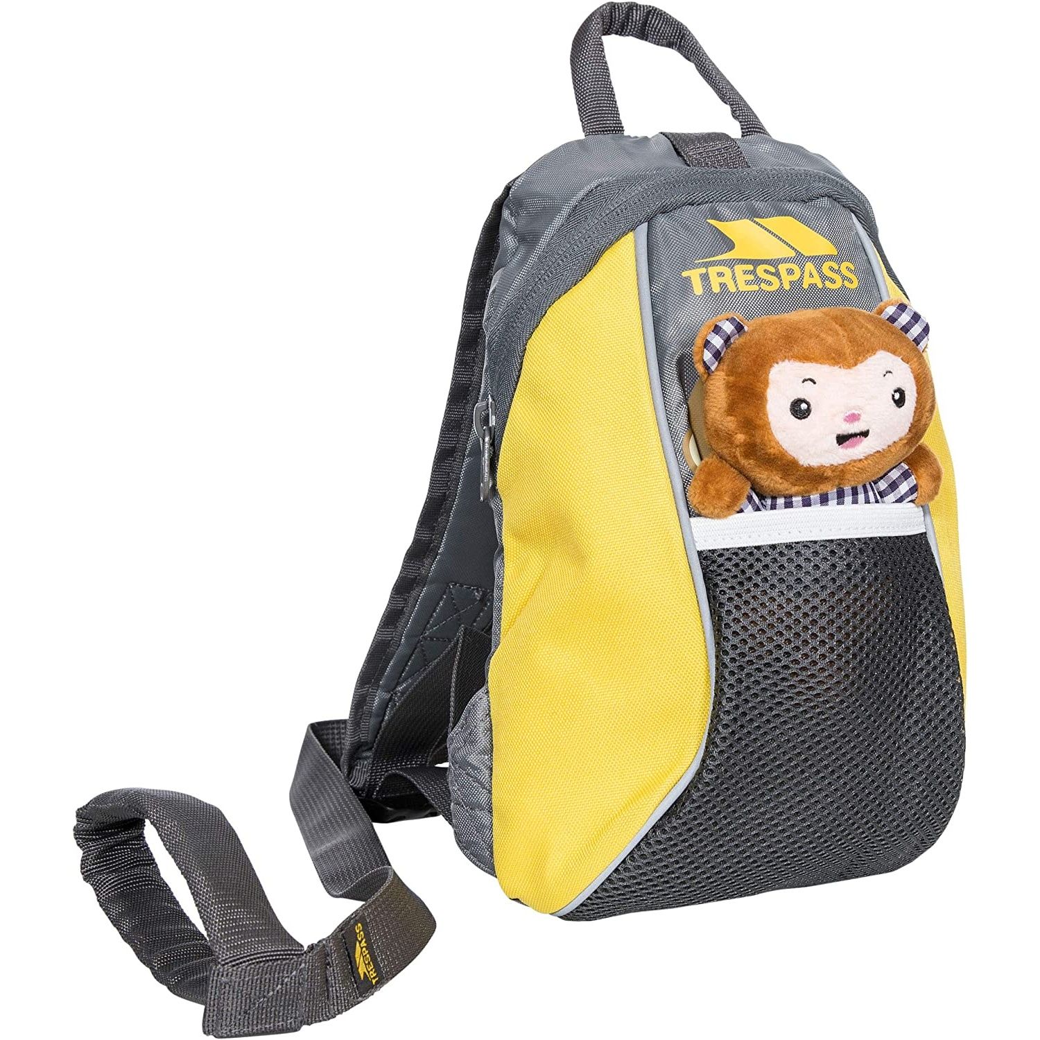 Babies 5 litre backpack. Detachable safety rein. Soft toy included. Mesh front pocket. Top handle. Zipped main compartment. 100% Polyester.