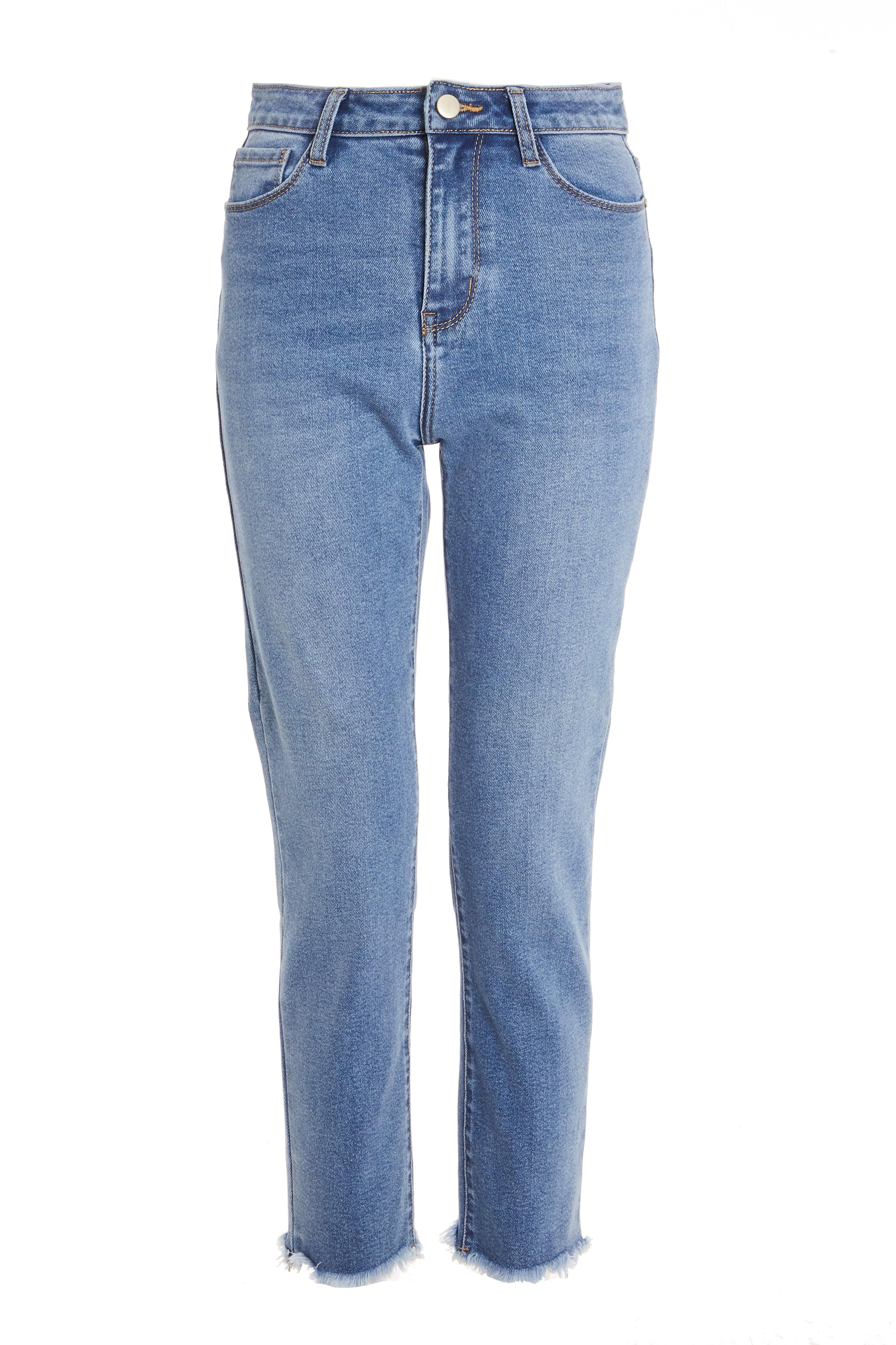 - Denim jeans   - Frayed hem  - High waist  - Stretch style   - Model Height: 5' 9