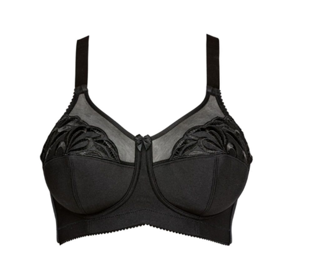 This supportive plus size bra features three-section cups and pretty tulle design in a firm sheer supportive fabric on the upper section of the cups.   The bottom section of the cups have extra reinforcement with an all-round supporting breast panel of non-woven fabric for all day comfort.   The smooth wide under-band is designed for additional support and comfort.  Light side boning for additional structure and forward projection.  The wide fully adjustable shoulder straps for a perfect fit.  This plus size bra is a must have in your lingerie collection.
