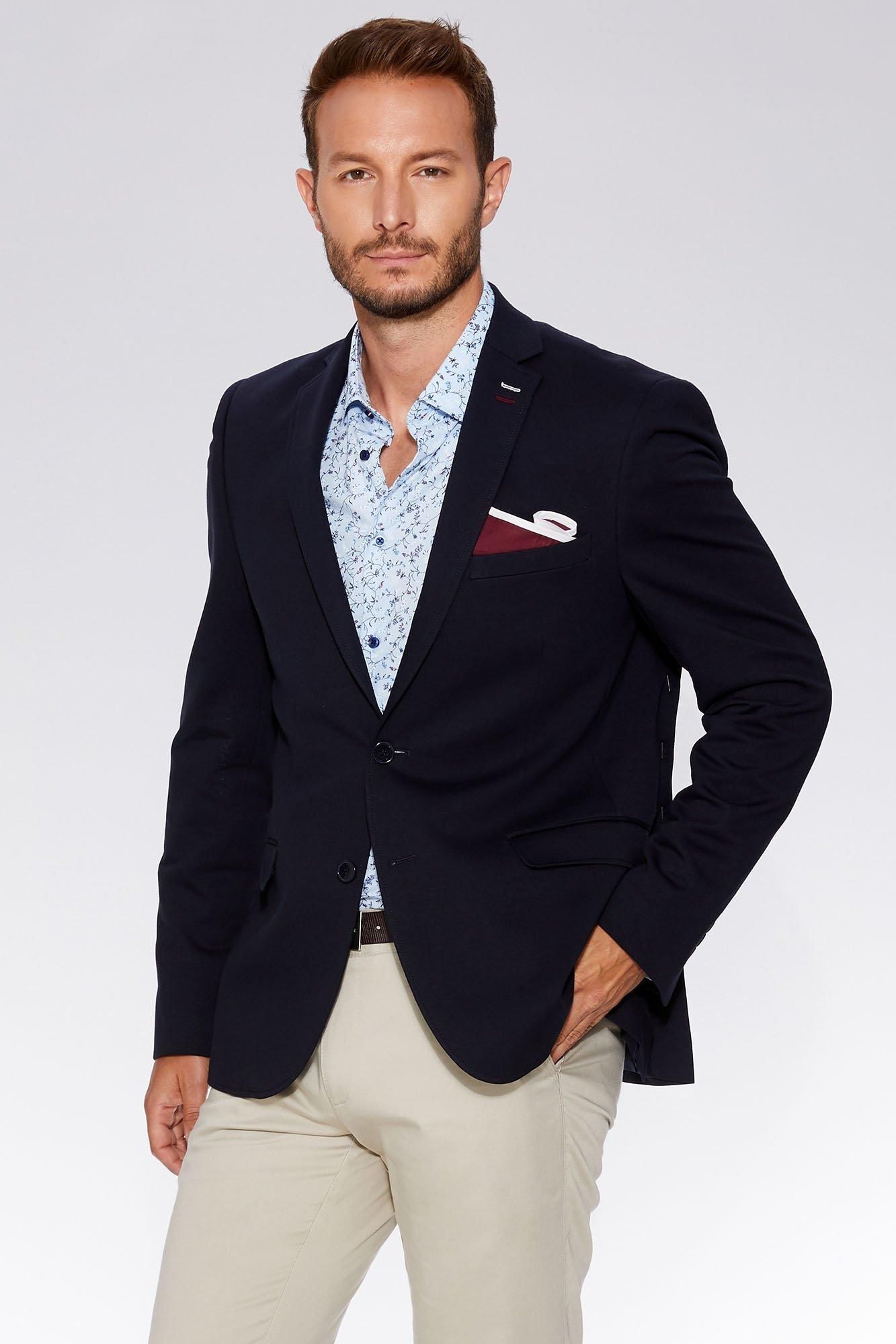 Pocket Square  	Double vented back  	Breast and functional pockets  	Notch lapel  	Double button opening  	Lined with internal pockets  	Cotton - Satin blend fabric  	Slim fit