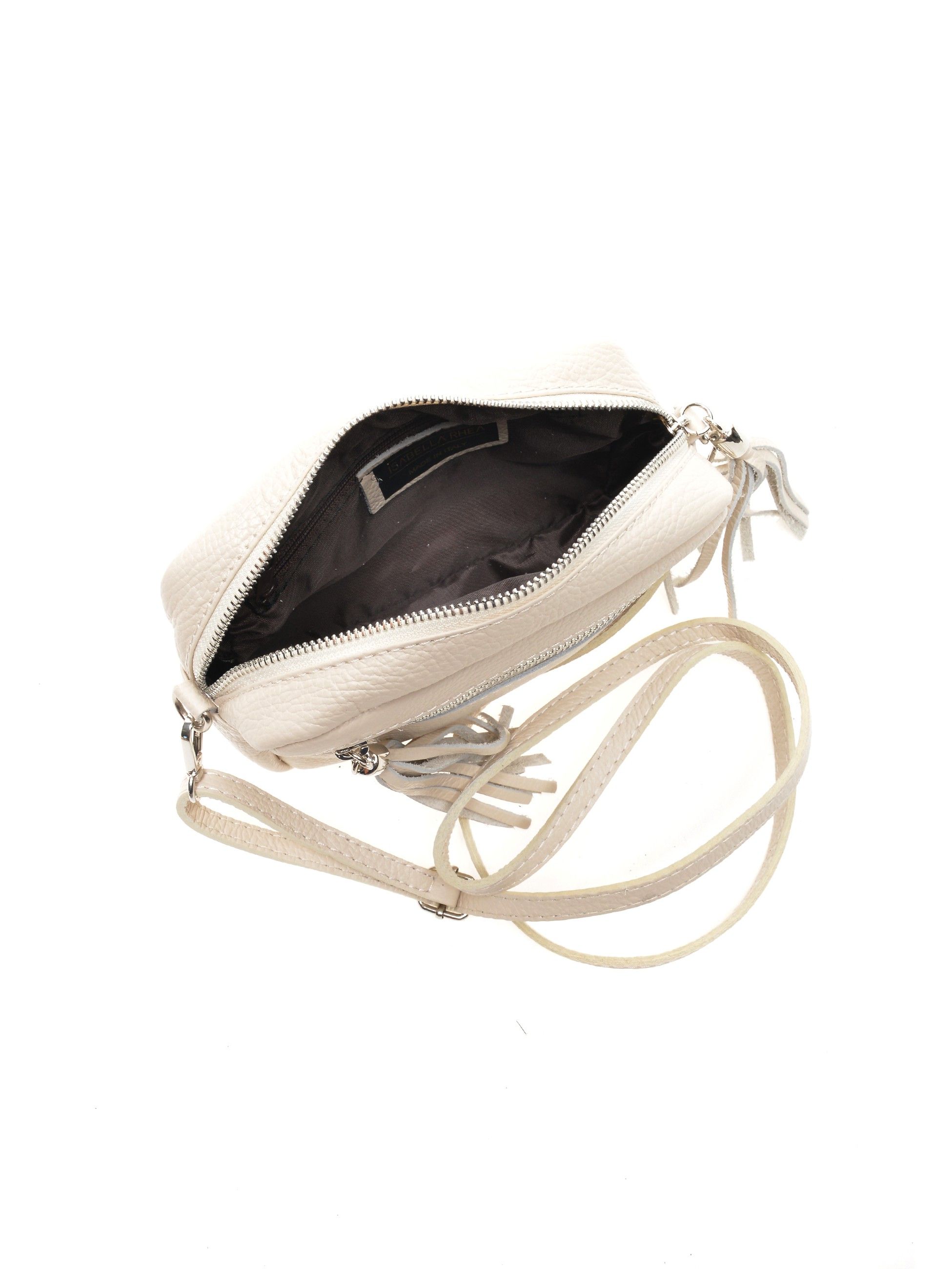 Shoulder Bag
100% cow leather
Top zip closure 
Front pocket with tassel accent
Front bow design
Handle: /
Shoulder strap: 120 cm
Dimensions (L): 14x20x5 cm